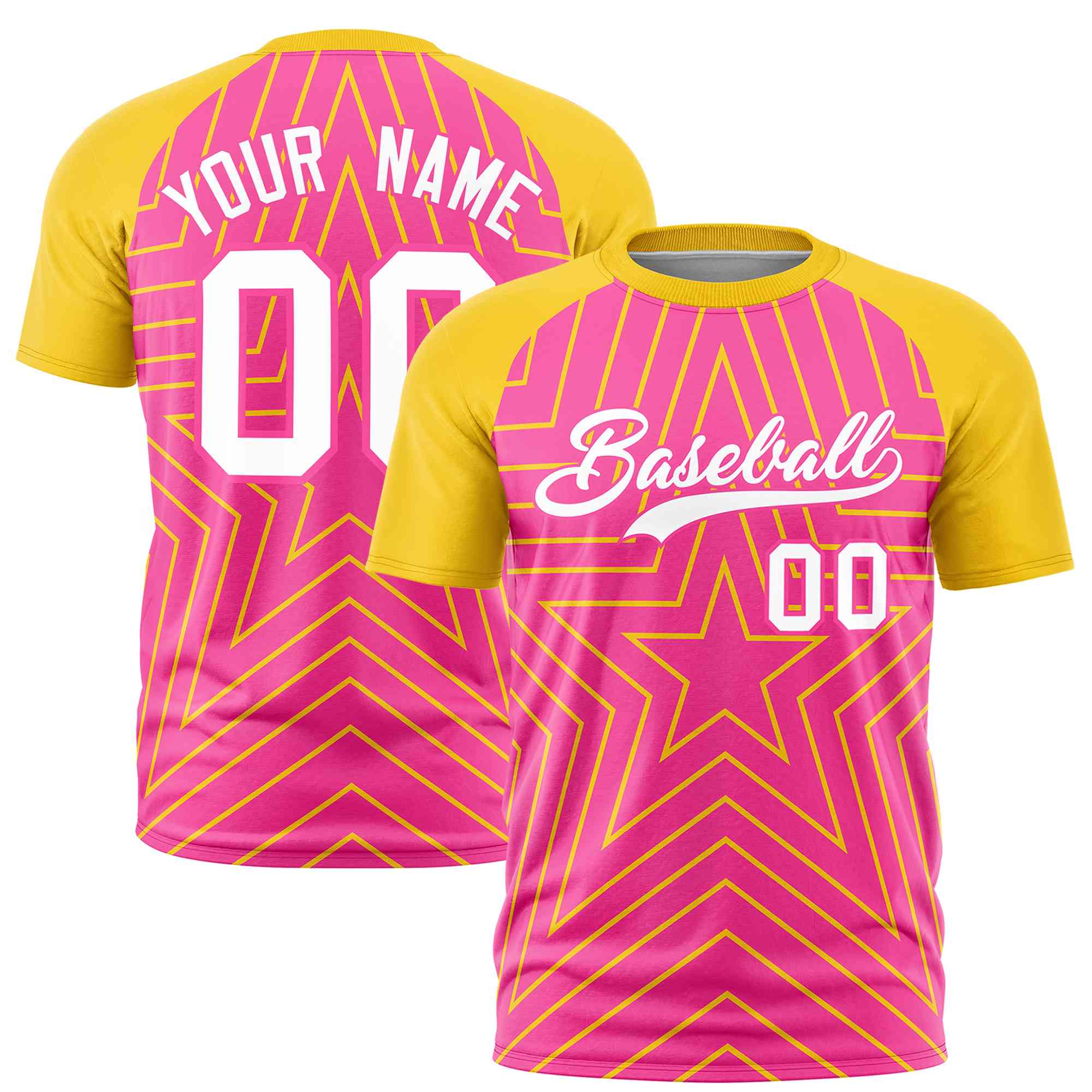 Custom Pink Gold Personalized Star Pattern Raglan Sleeves Performance T-Shirt