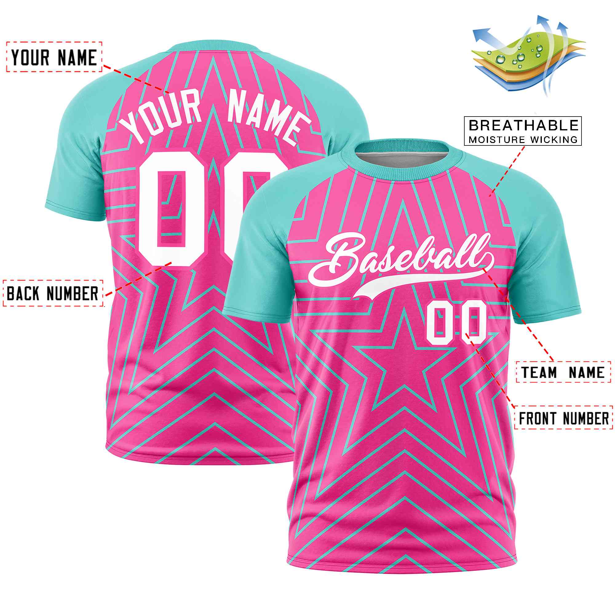 Custom Pink Aqua Personalized Star Pattern Raglan Sleeves Performance T-Shirt