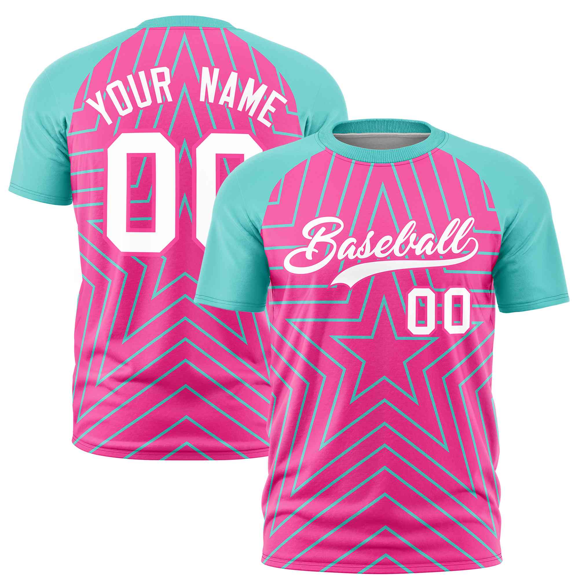 Custom Pink Aqua Personalized Star Pattern Raglan Sleeves Performance T-Shirt