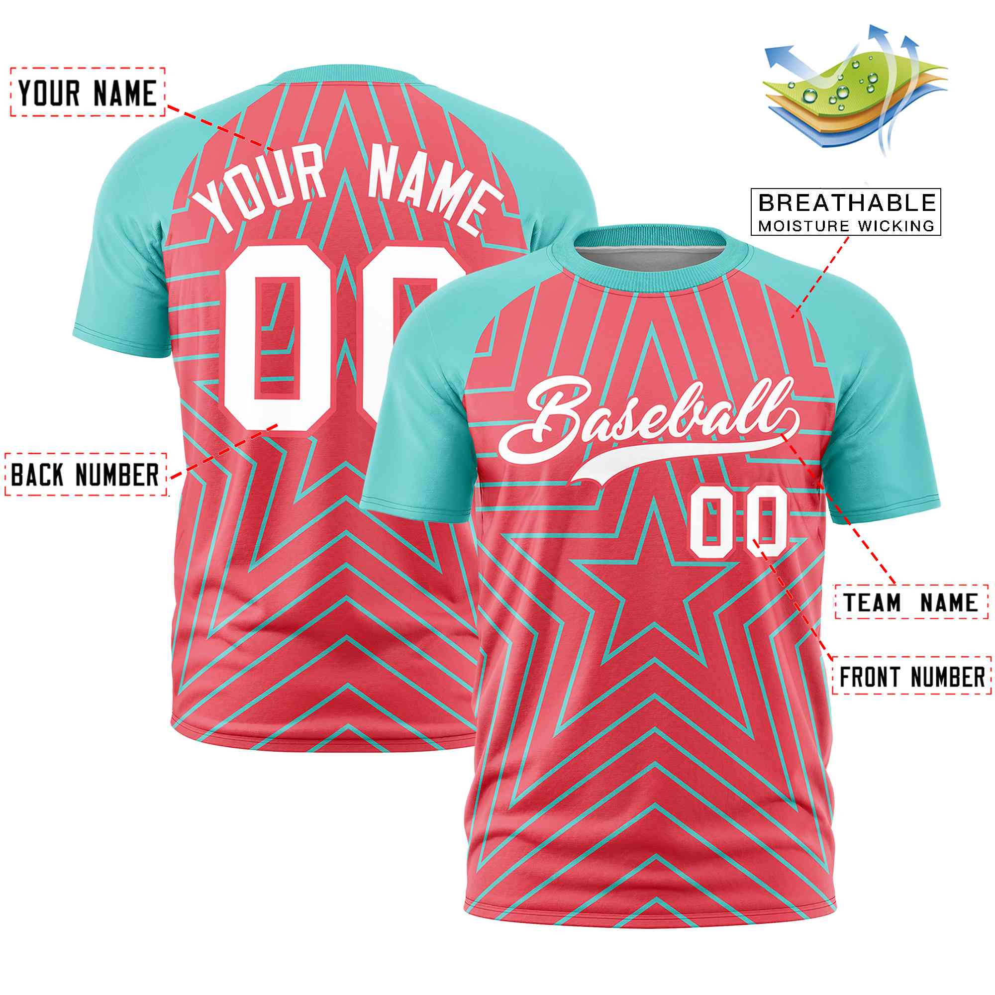 Custom Light Red Aqua Personalized Star Pattern Raglan Sleeves Performance T-Shirt