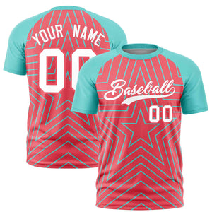 Custom Light Red Aqua Personalized Star Pattern Raglan Sleeves Performance T-Shirt