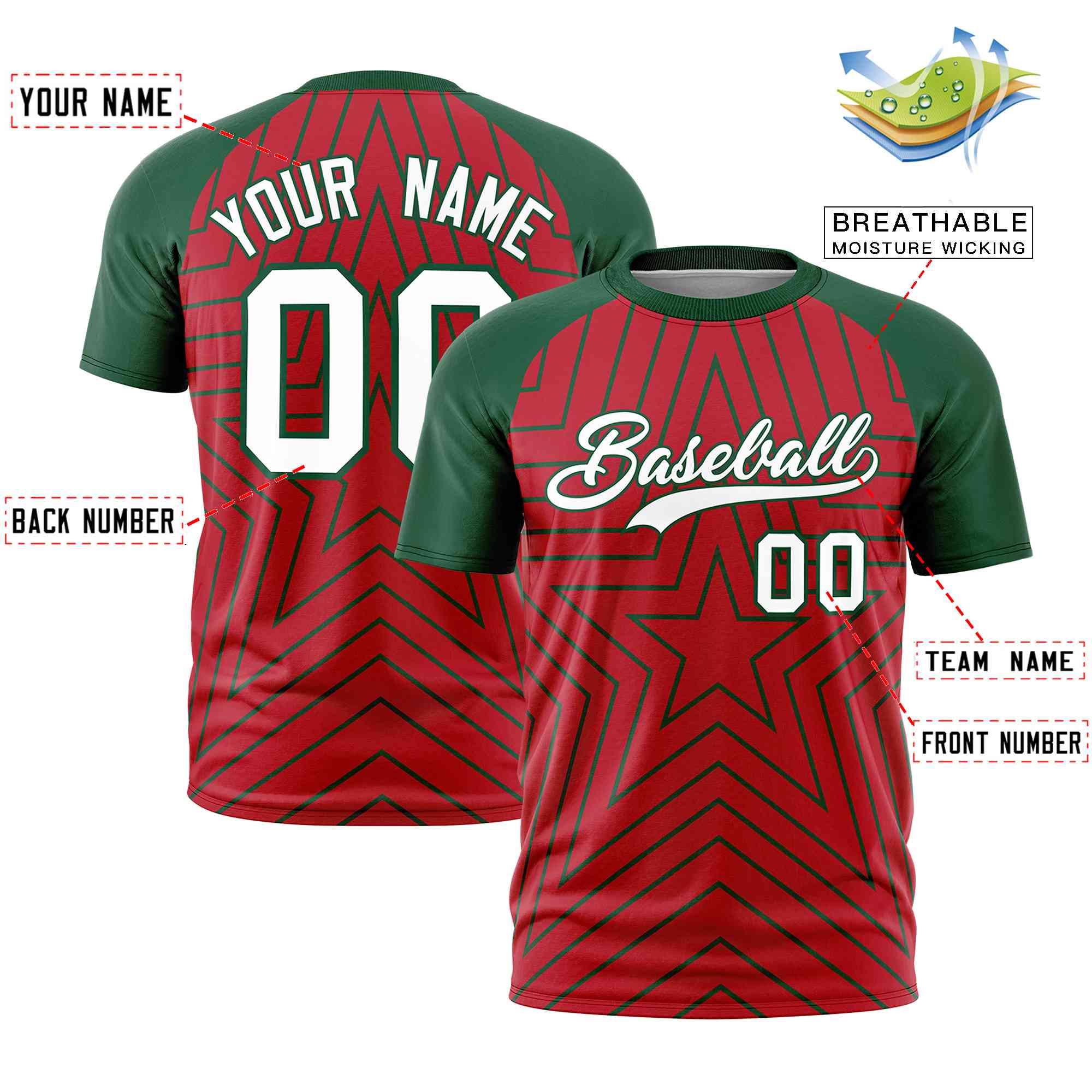 Custom Red Green Personalized Star Pattern Raglan Sleeves Performance T-Shirt