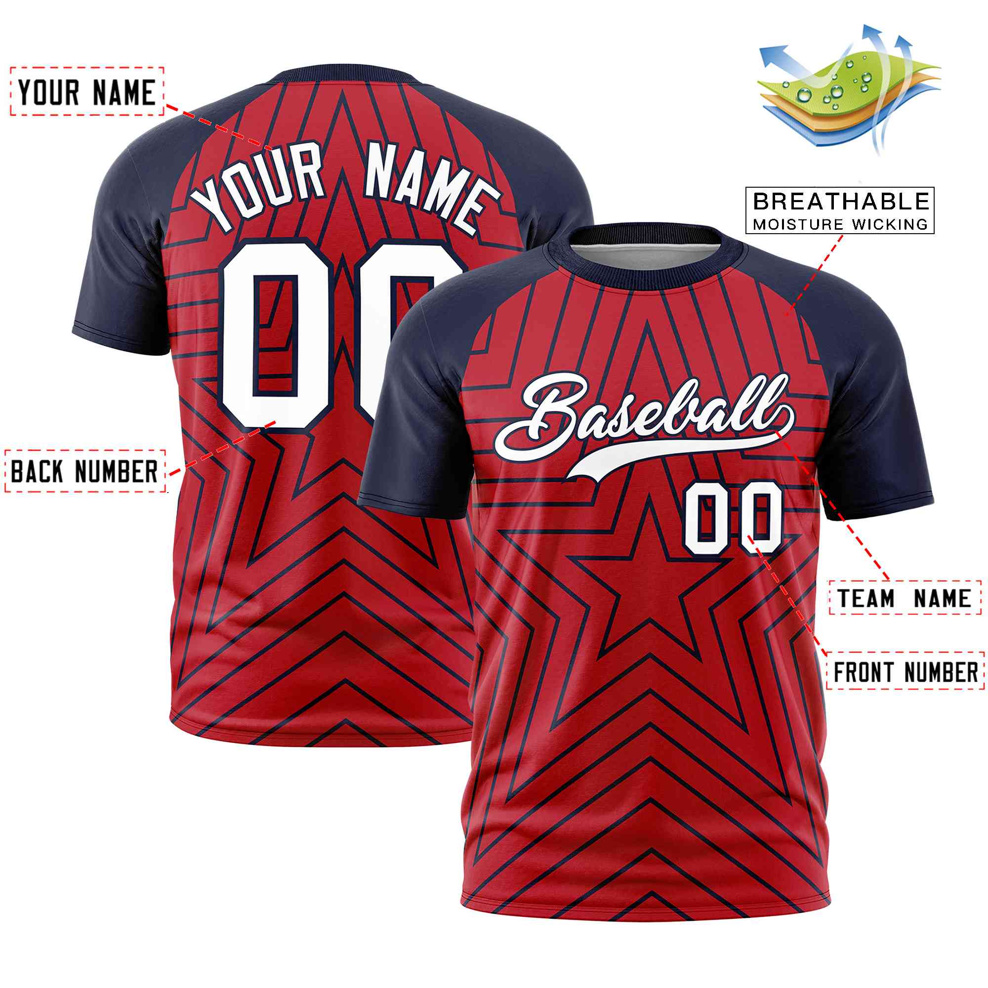 Custom Red Navy Personalized Star Pattern Raglan Sleeves Performance T-Shirt