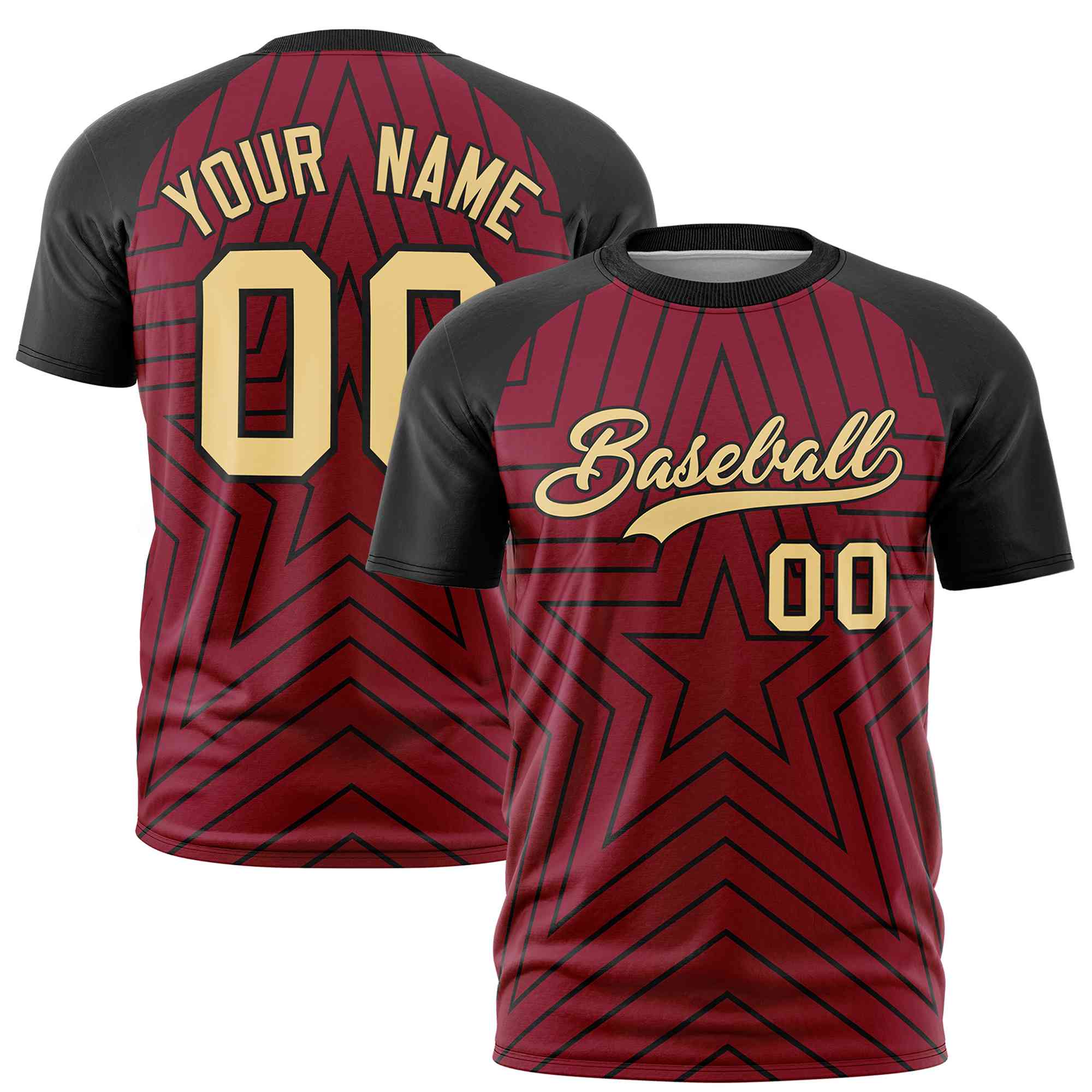 Custom Crimson Black Personalized Star Pattern Raglan Sleeves Performance T-Shirt