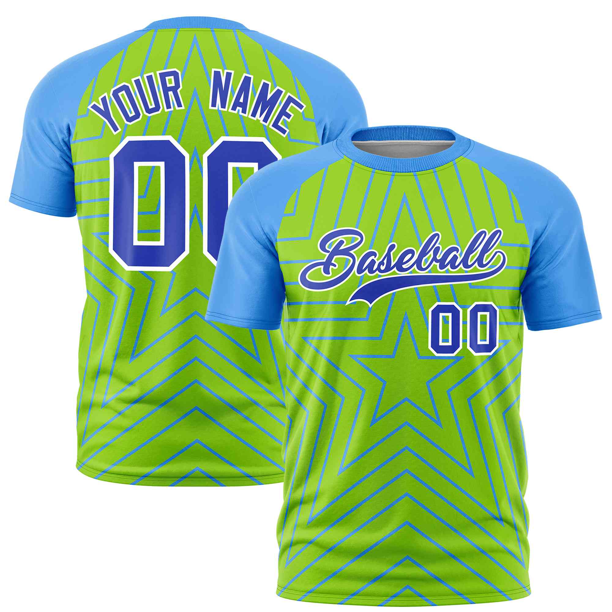 Custom Neon Green Powder Blue Personalized Star Pattern Raglan Sleeves Performance T-Shirt