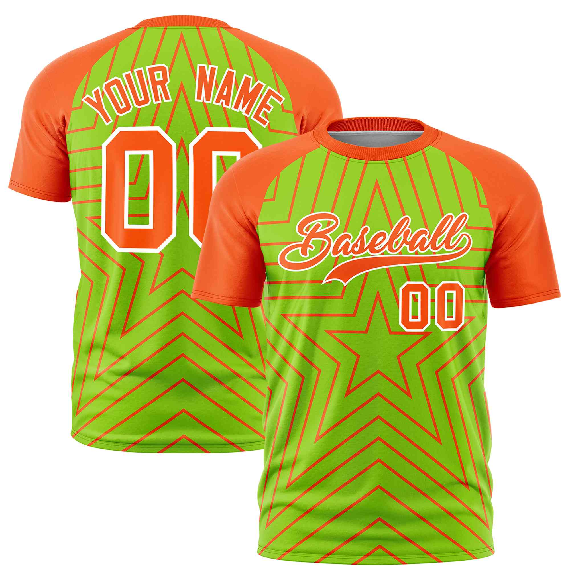 Custom Neon Green Orange Personalized Star Pattern Raglan Sleeves Performance T-Shirt