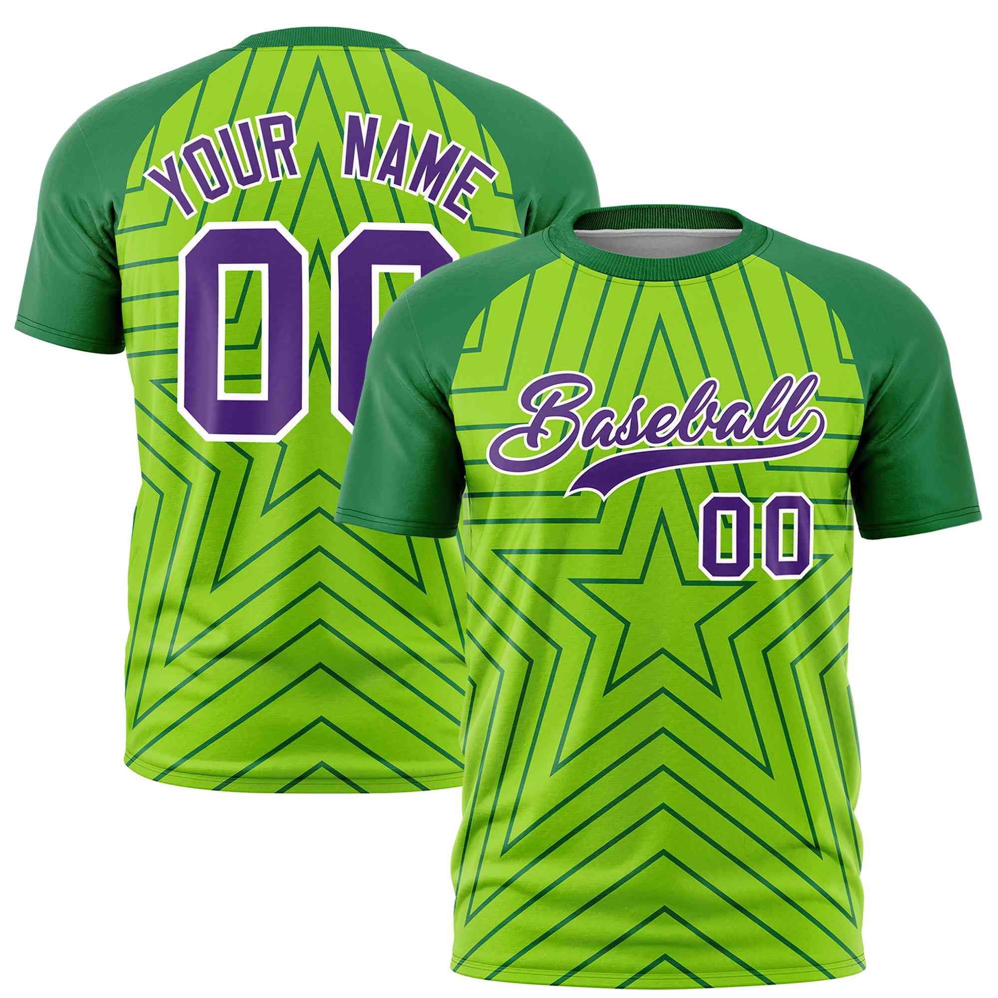 Custom Neon Green Kelly Green Personalized Star Pattern Raglan Sleeves Performance T-Shirt