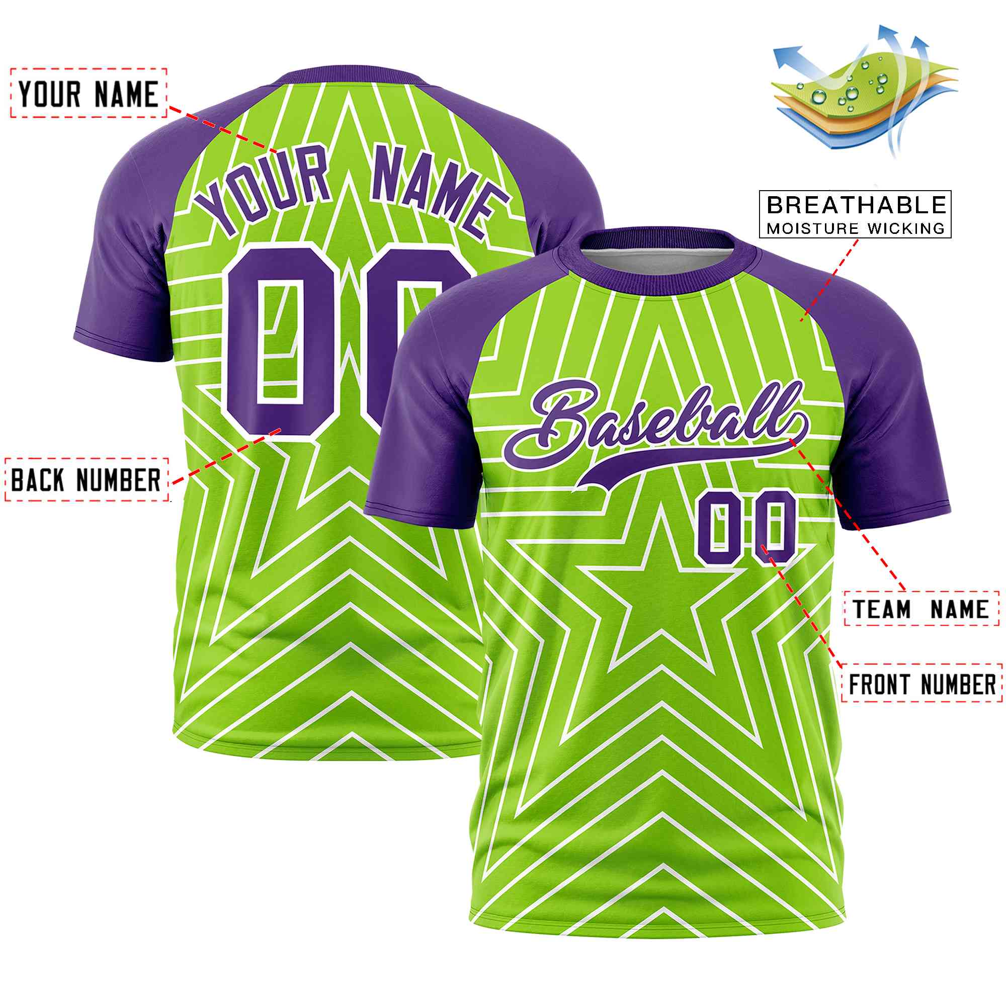 Custom Neon Green Purple Personalized Star Pattern Raglan Sleeves Performance T-Shirt