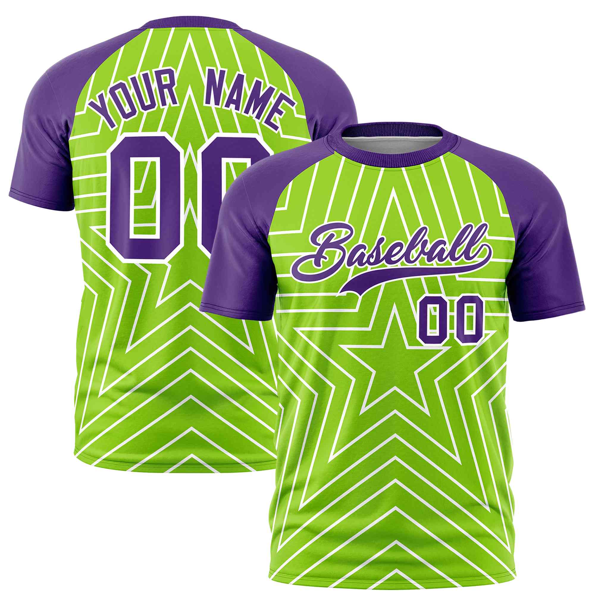 Custom Neon Green Purple Personalized Star Pattern Raglan Sleeves Performance T-Shirt