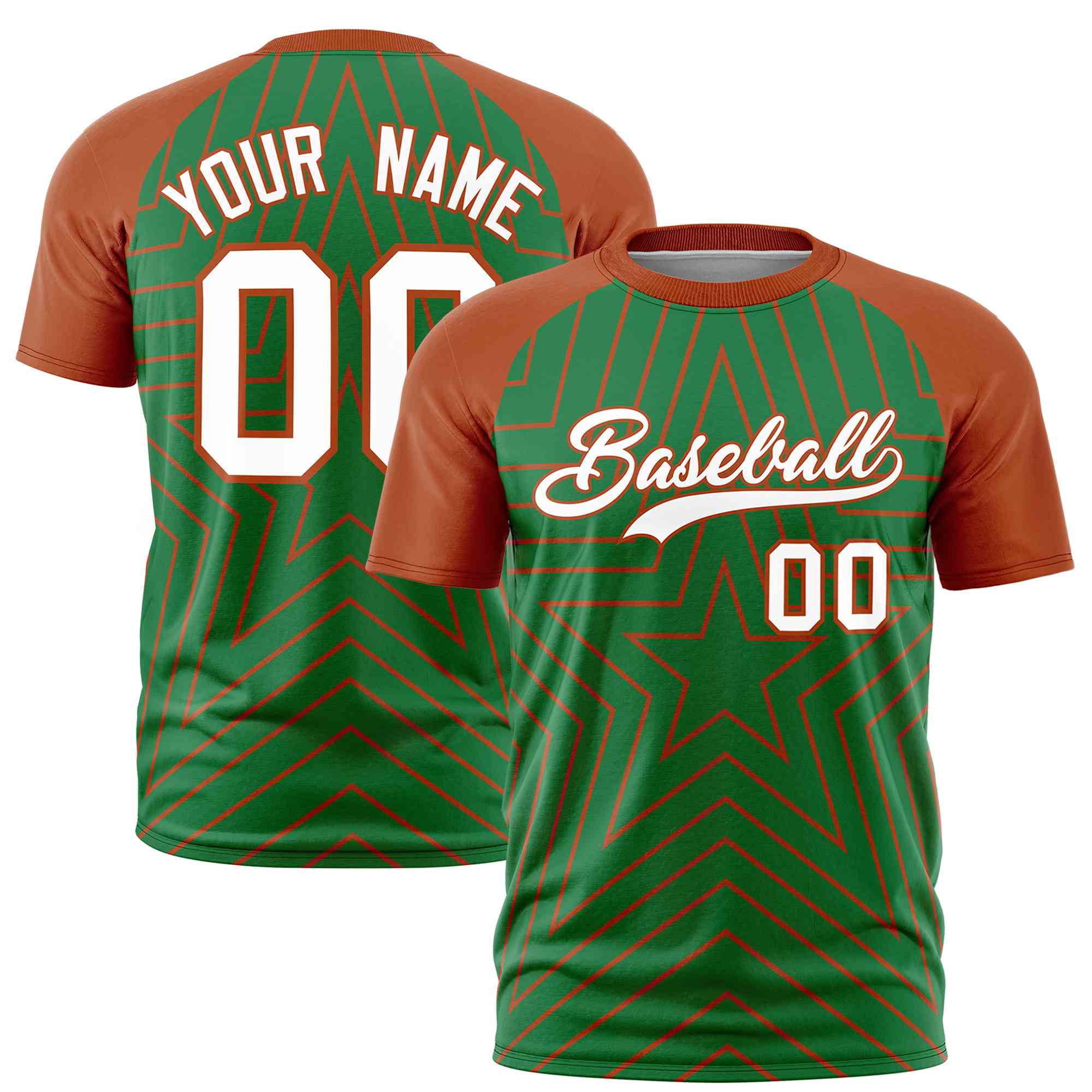 Custom Kelly Green Texas Orange Personalized Star Pattern Raglan Sleeves Performance T-Shirt