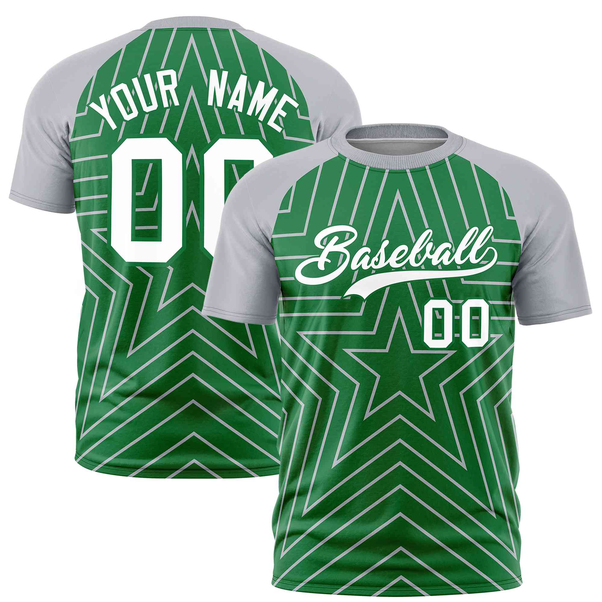 Custom Kelly Green Gray Personalized Star Pattern Raglan Sleeves Performance T-Shirt