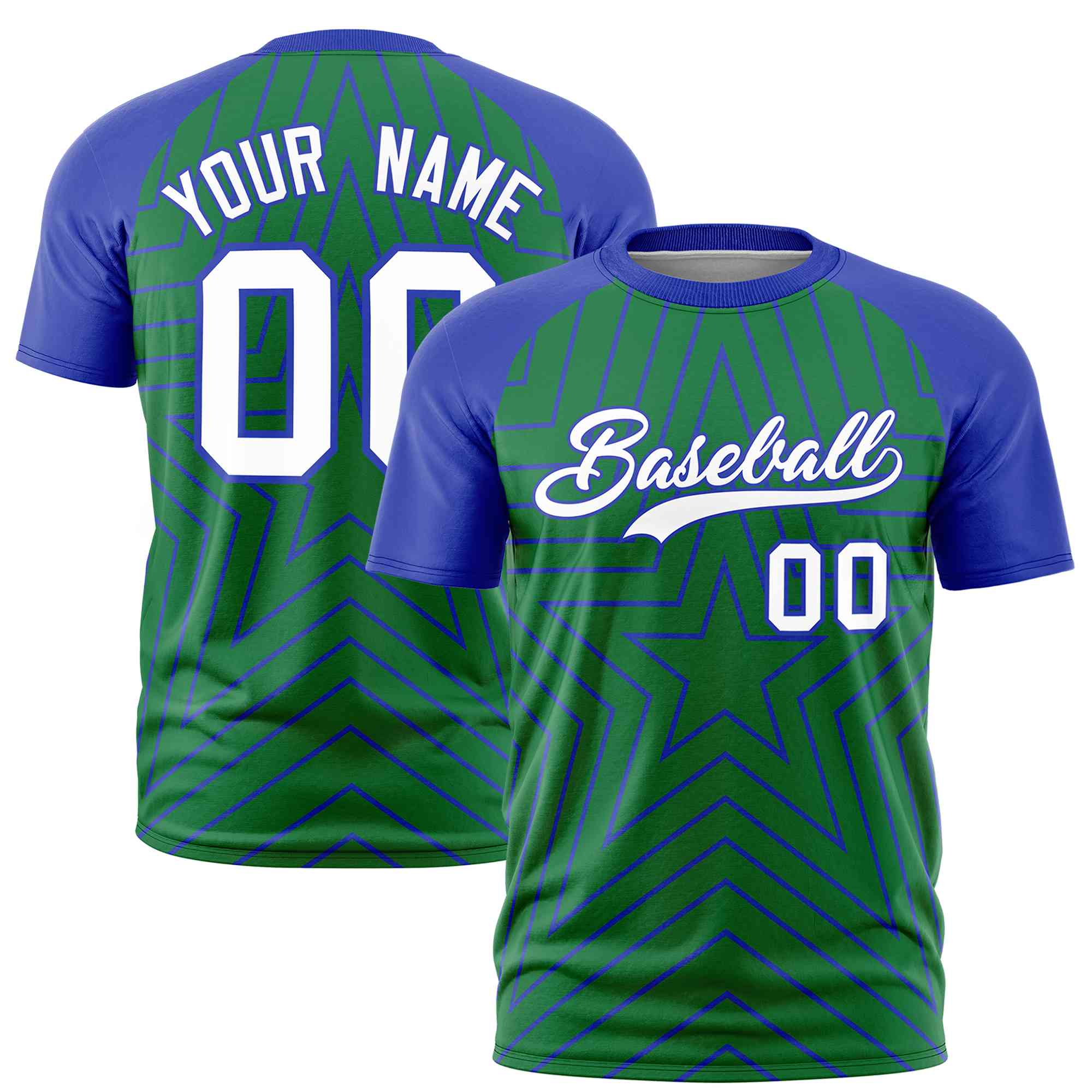 Custom Kelly Green Royal Personalized Star Pattern Raglan Sleeves Performance T-Shirt