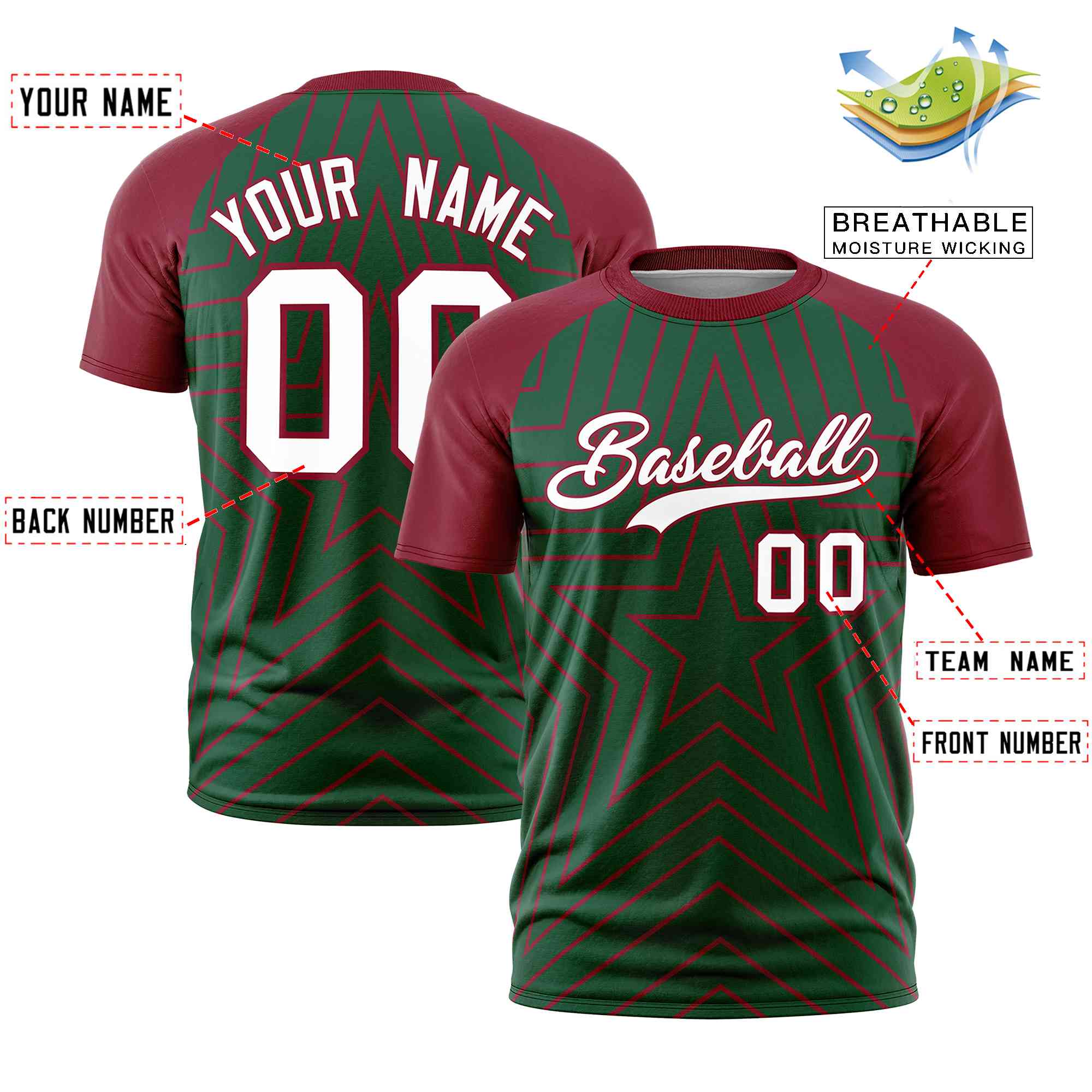 Custom Green Crimson Personalized Star Pattern Raglan Sleeves Performance T-Shirt