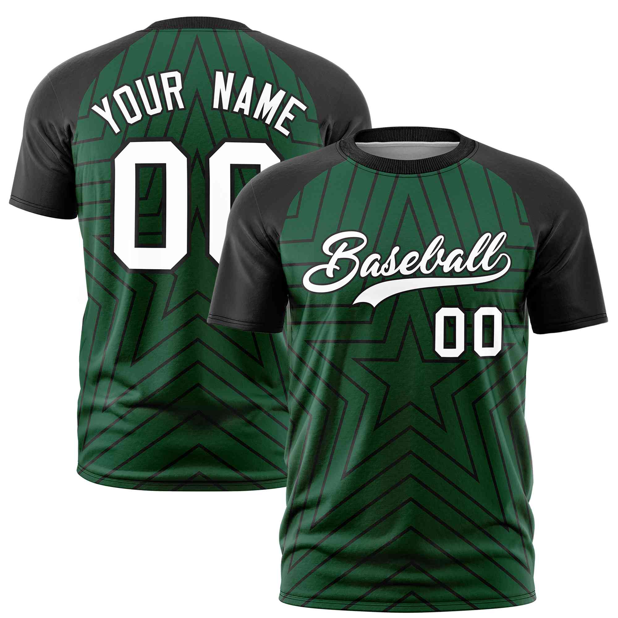 Custom Green Black Personalized Star Pattern Raglan Sleeves Performance T-Shirt