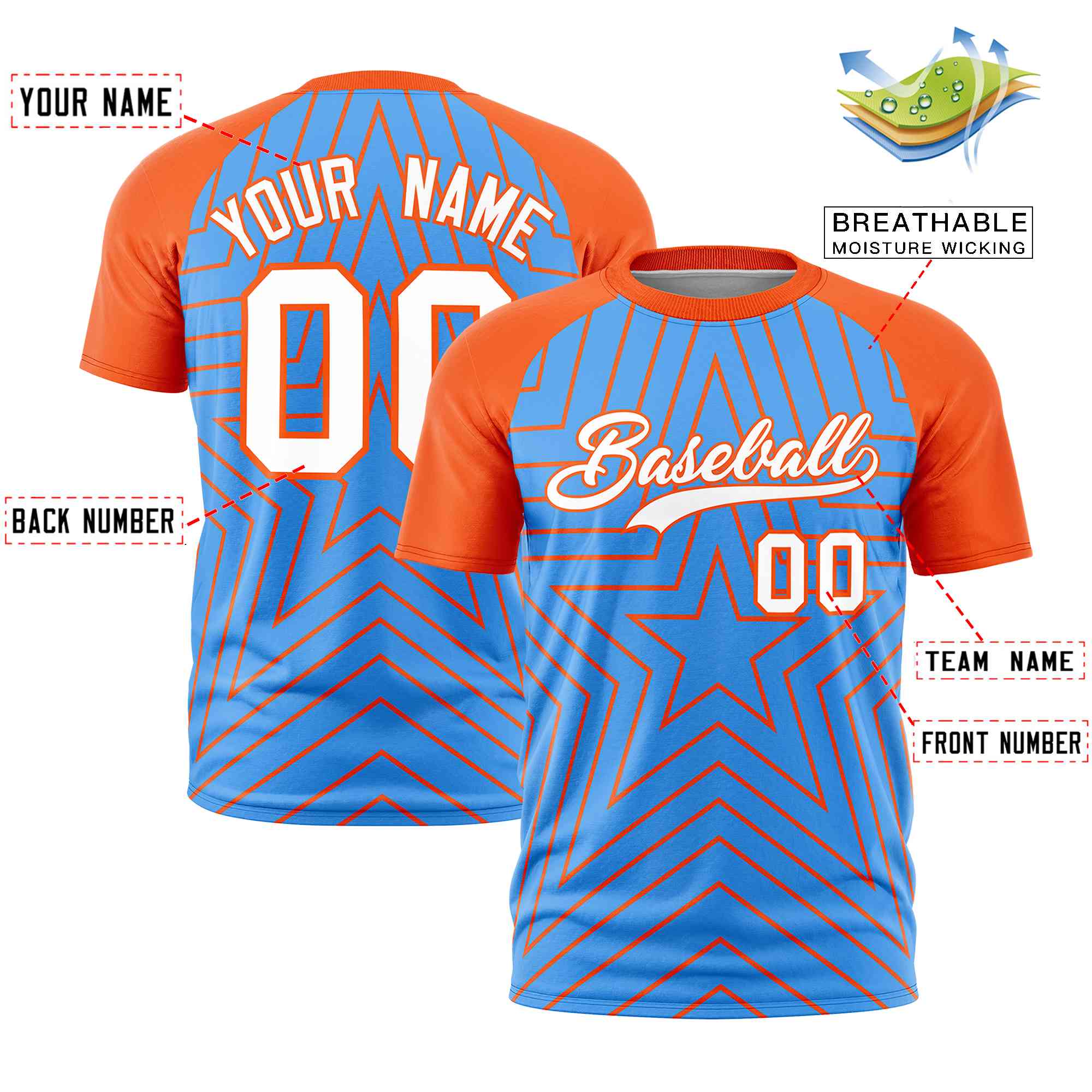 Custom Powder Blue Orange Personalized Star Pattern Raglan Sleeves Performance T-Shirt