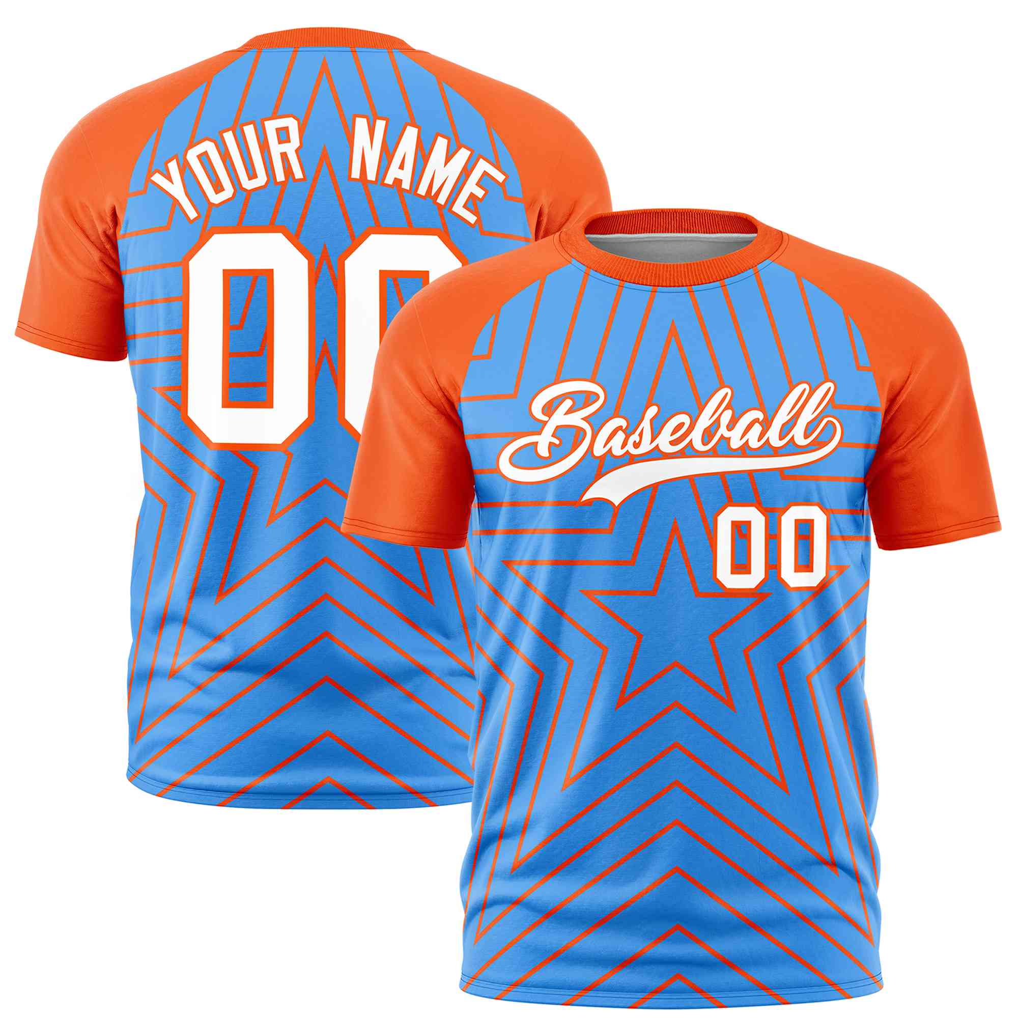 Custom Powder Blue Orange Personalized Star Pattern Raglan Sleeves Performance T-Shirt