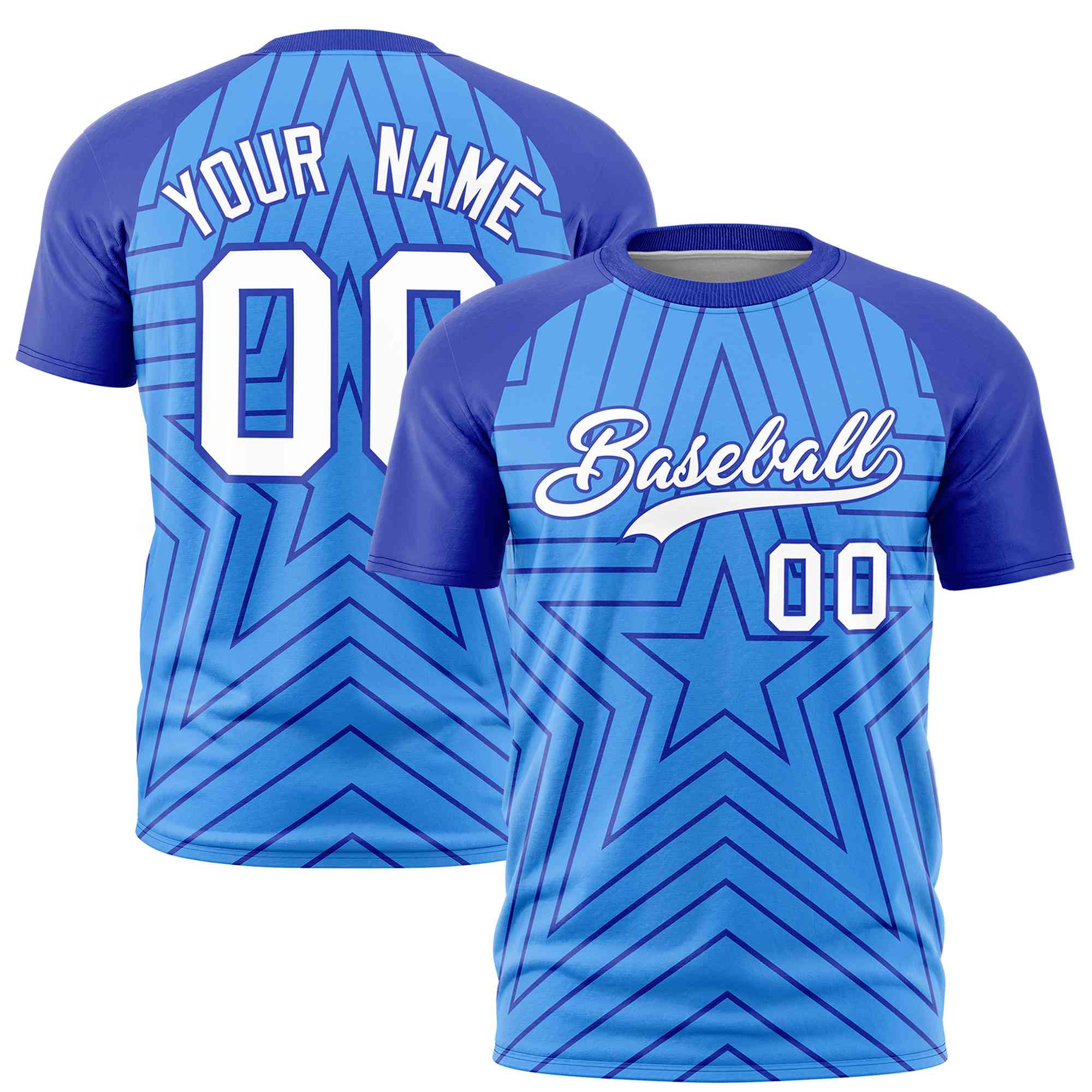 Custom Powder Blue Royal Personalized Star Pattern Raglan Sleeves Performance T-Shirt