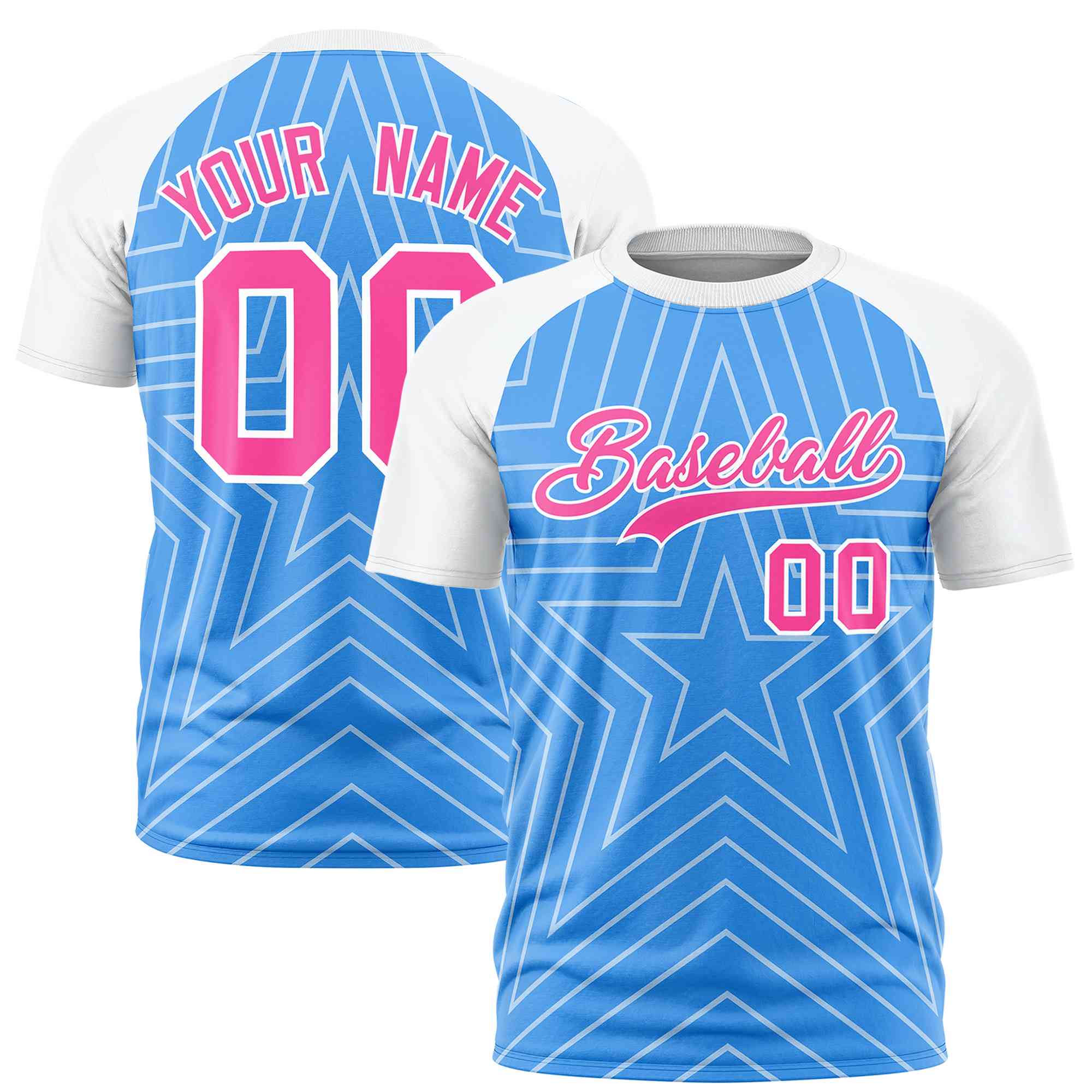 Custom Powder Blue White Personalized Star Pattern Raglan Sleeves Performance T-Shirt