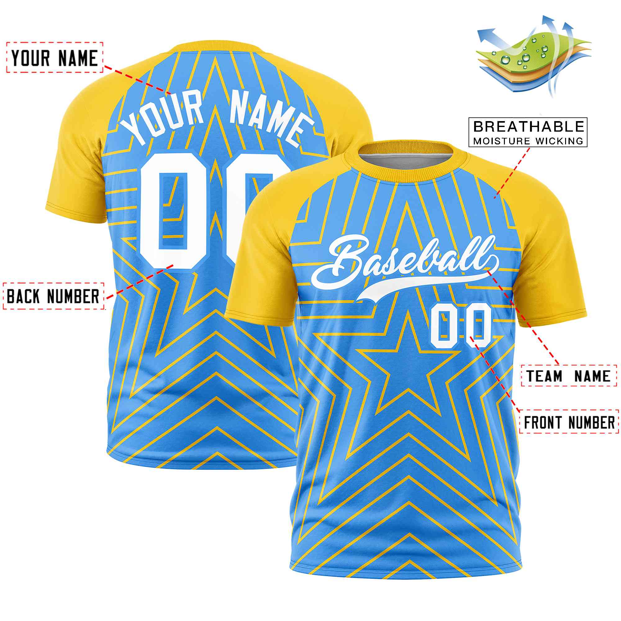 Custom Powder Blue Gold Personalized Star Pattern Raglan Sleeves Performance T-Shirt