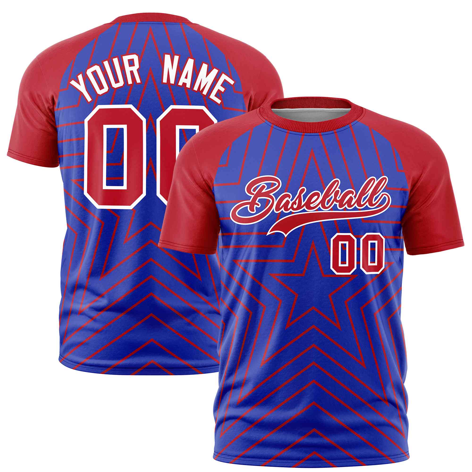 Custom Royal Red Personalized Star Pattern Raglan Sleeves Performance T-Shirt