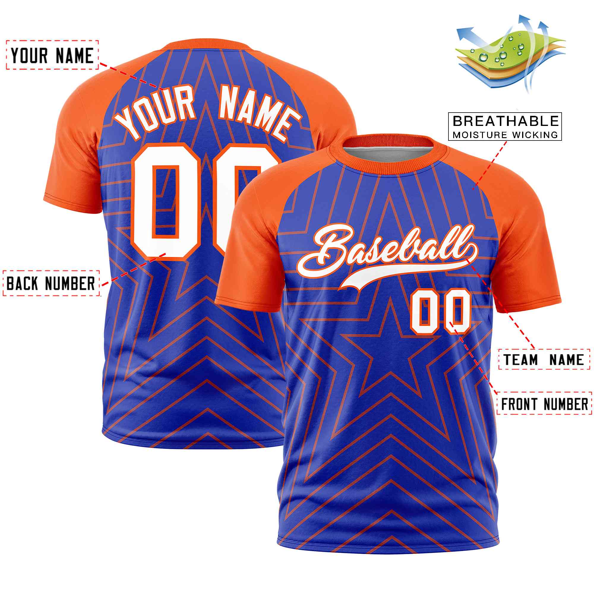 Custom Royal Orange Personalized Star Pattern Raglan Sleeves Performance T-Shirt