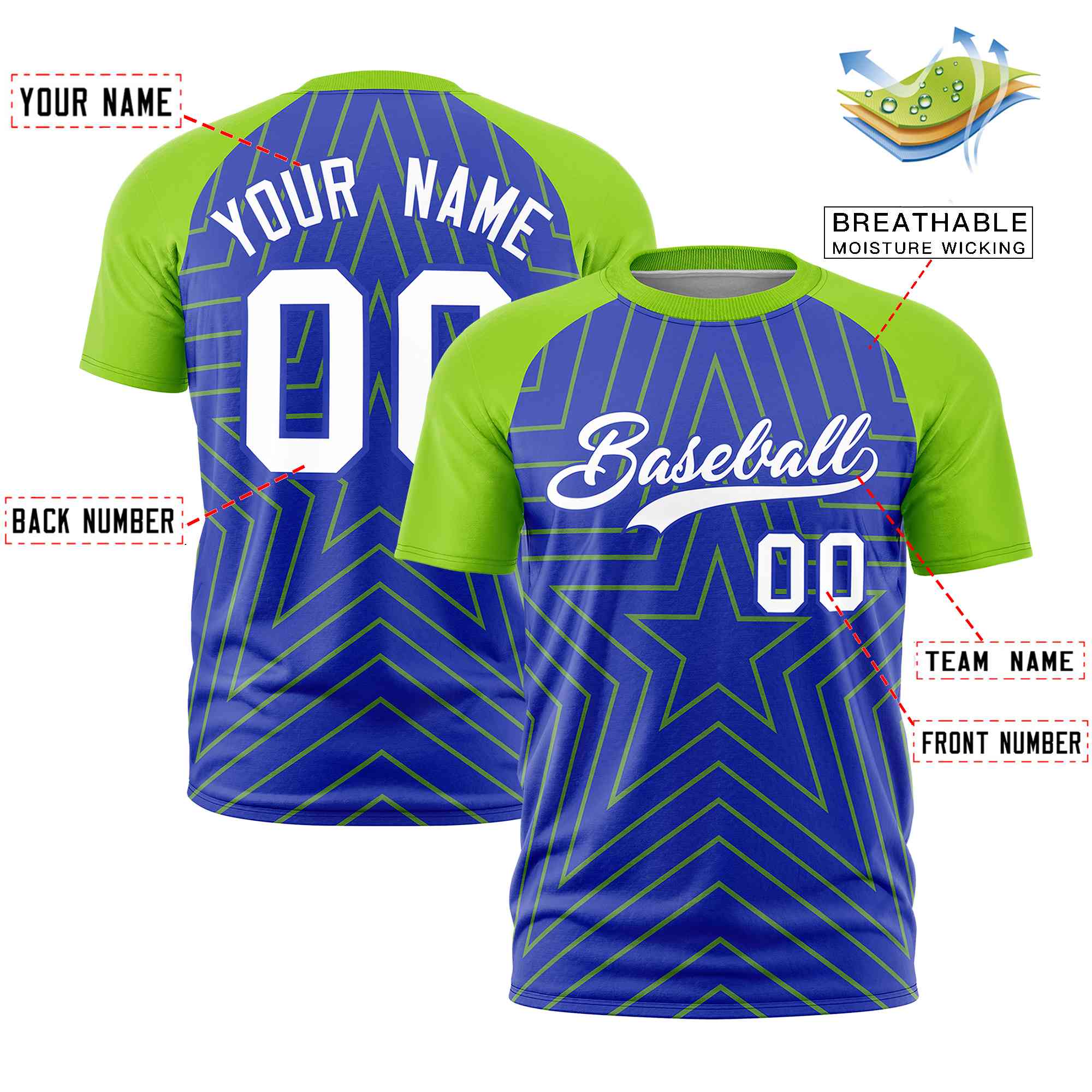 Custom Royal Neon Green Personalized Star Pattern Raglan Sleeves Performance T-Shirt