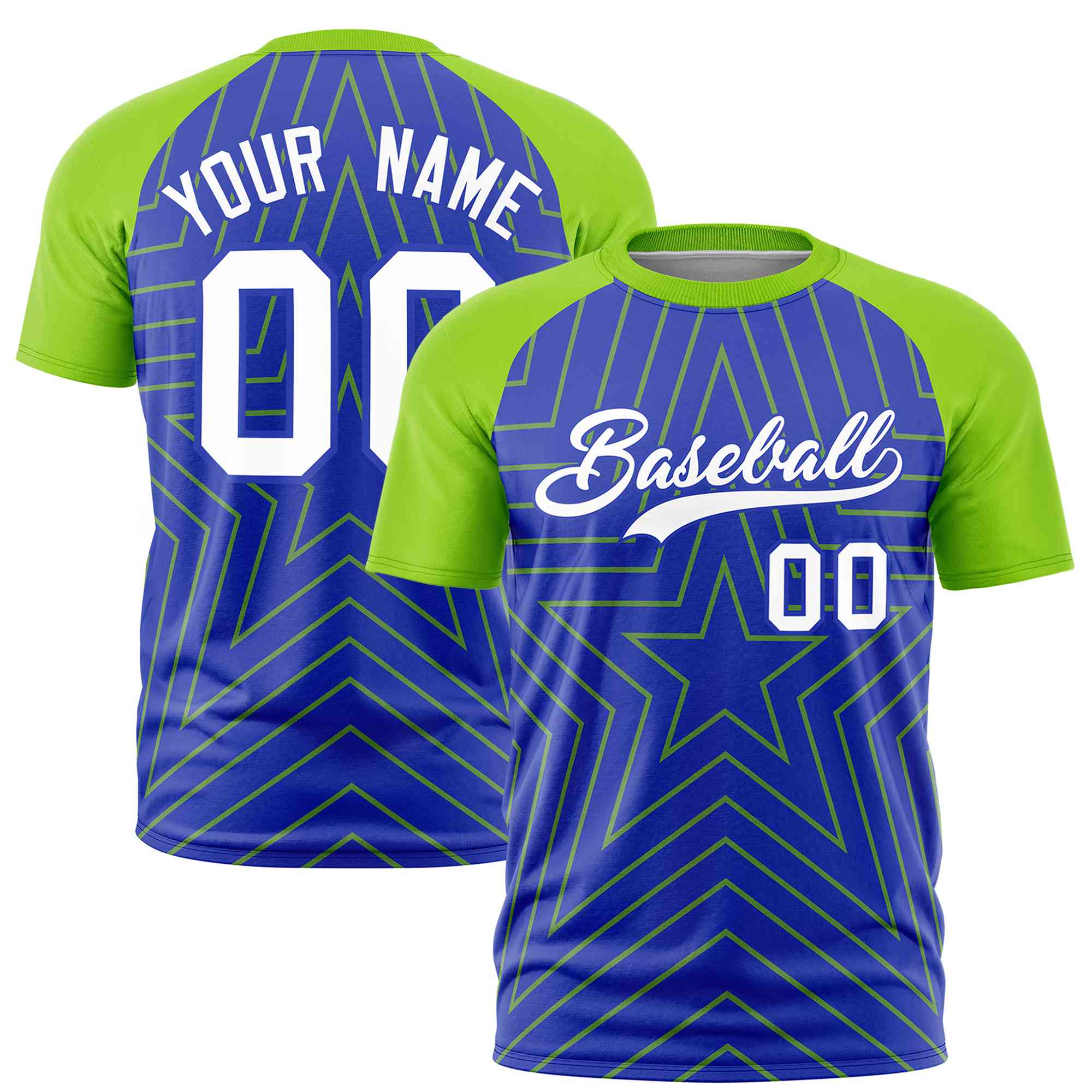 Custom Royal Neon Green Personalized Star Pattern Raglan Sleeves Performance T-Shirt