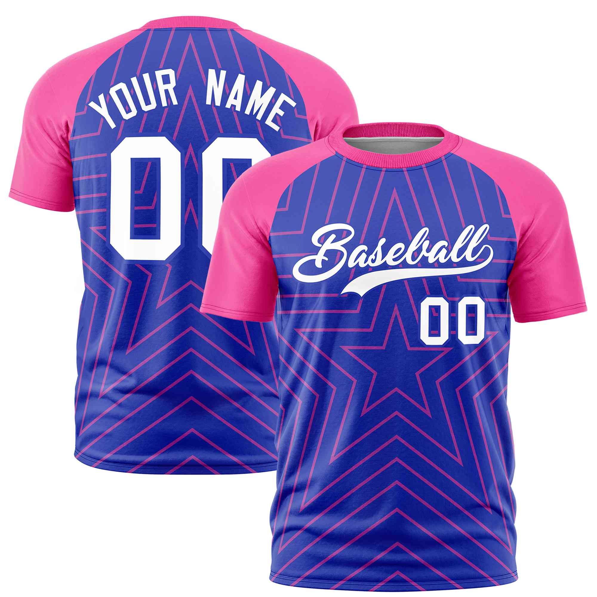 Custom Royal Pink Personalized Star Pattern Raglan Sleeves Performance T-Shirt