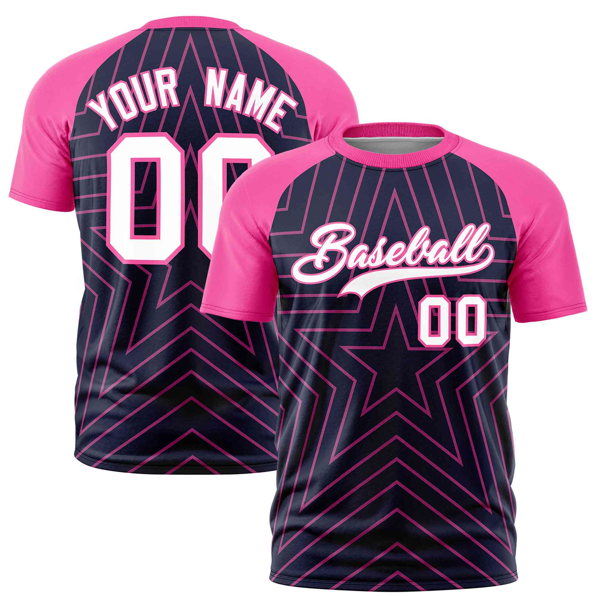 Custom Navy Pink Personalized Star Pattern Raglan Sleeves Performance T-Shirt