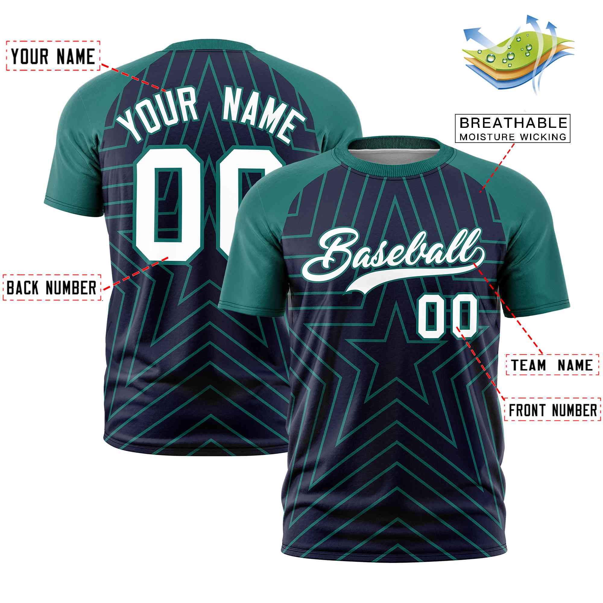 Custom Navy Aqua Personalized Star Pattern Raglan Sleeves Performance T-Shirt