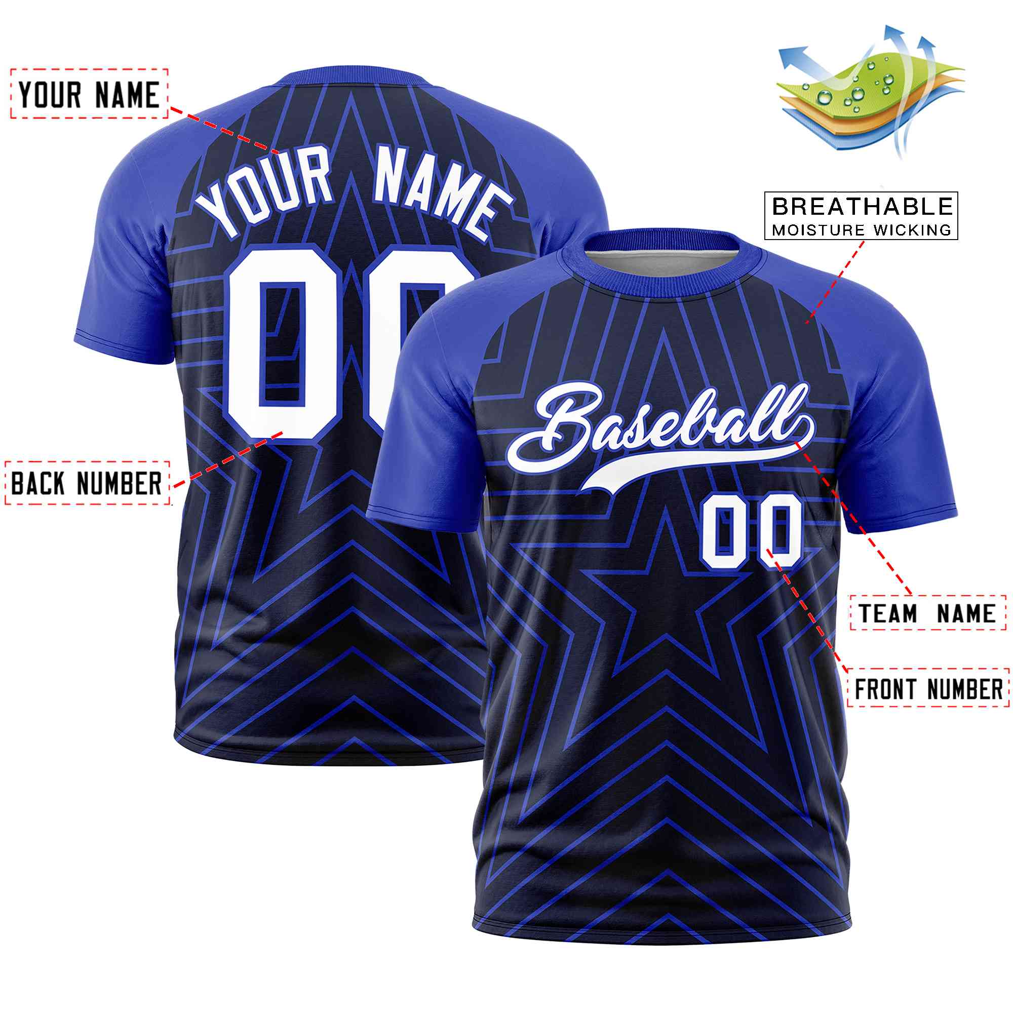 Custom Navy Royal Personalized Star Pattern Raglan Sleeves Performance T-Shirt