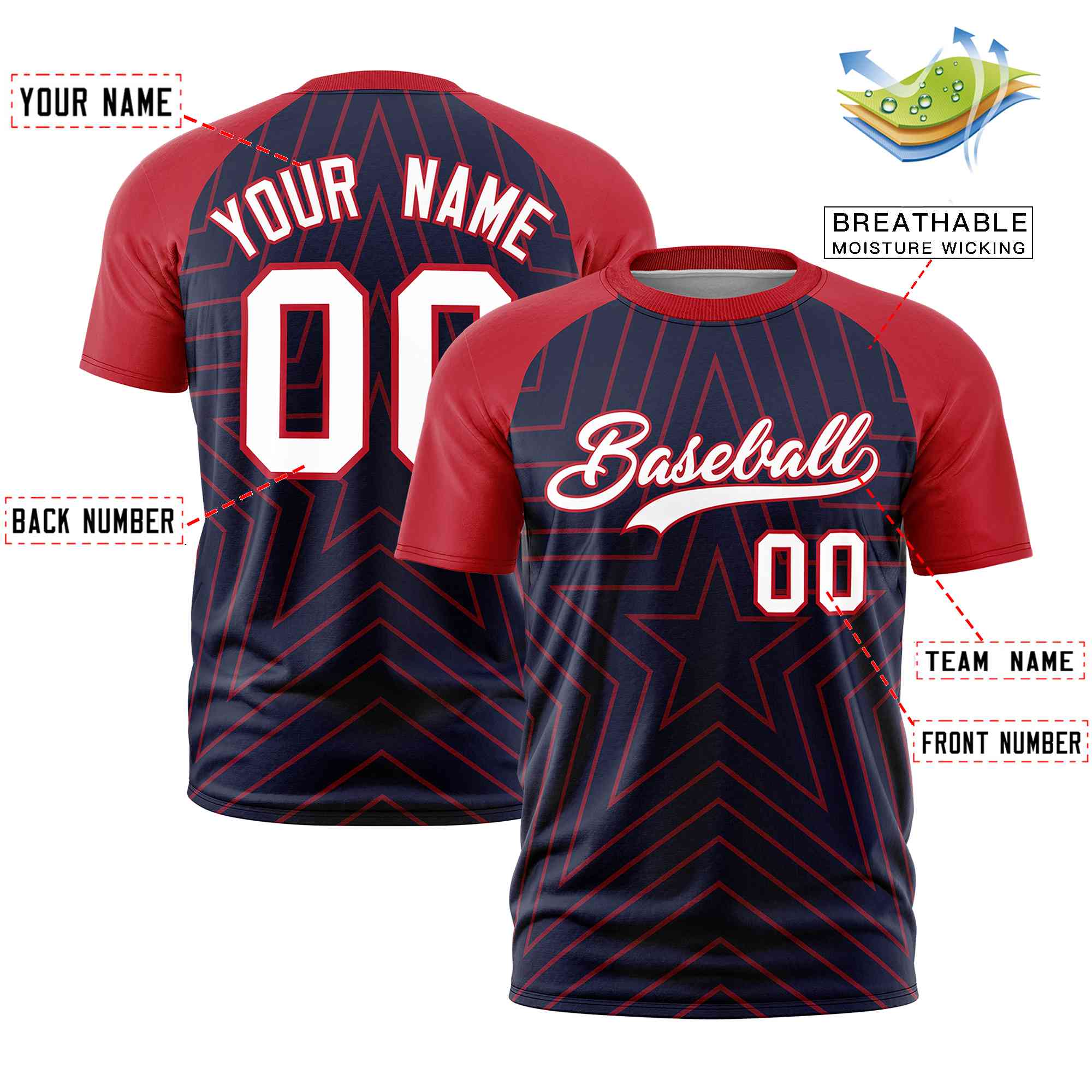 Custom Navy Red Personalized Star Pattern Raglan Sleeves Performance T-Shirt