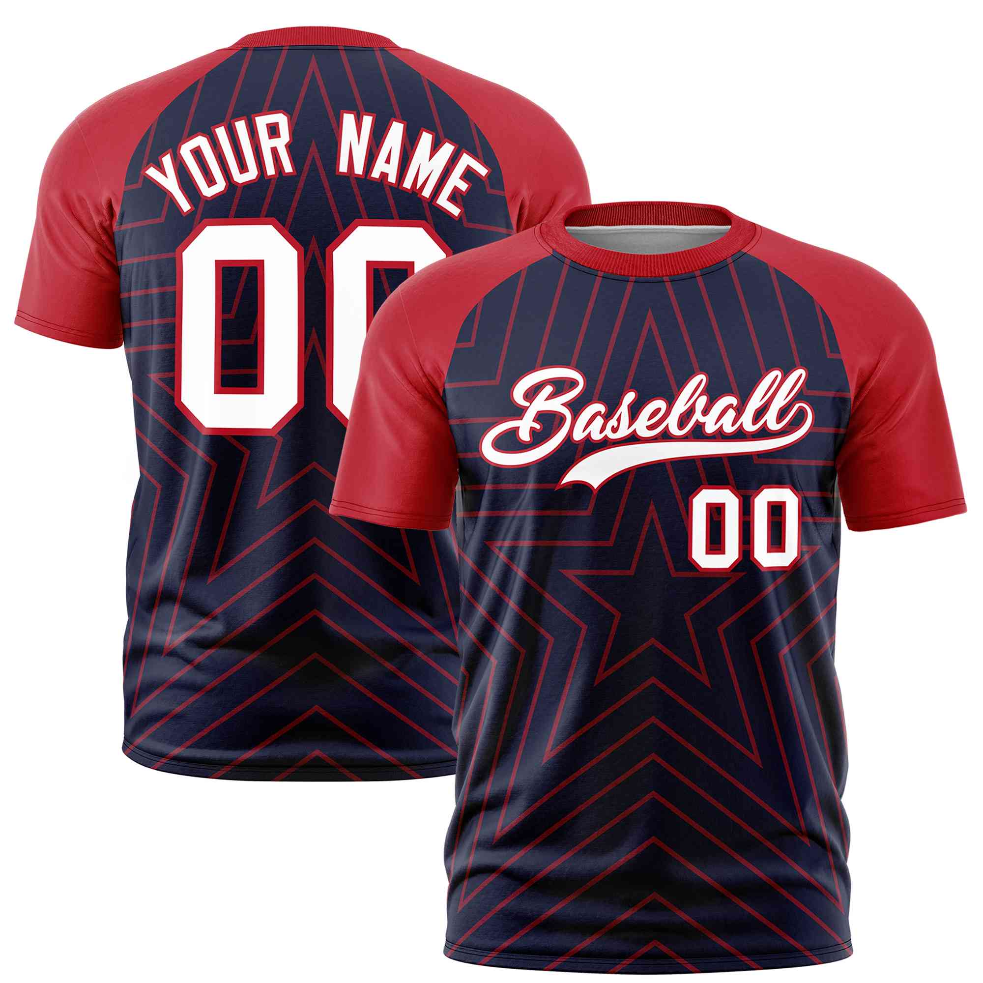 Custom Navy Red Personalized Star Pattern Raglan Sleeves Performance T-Shirt