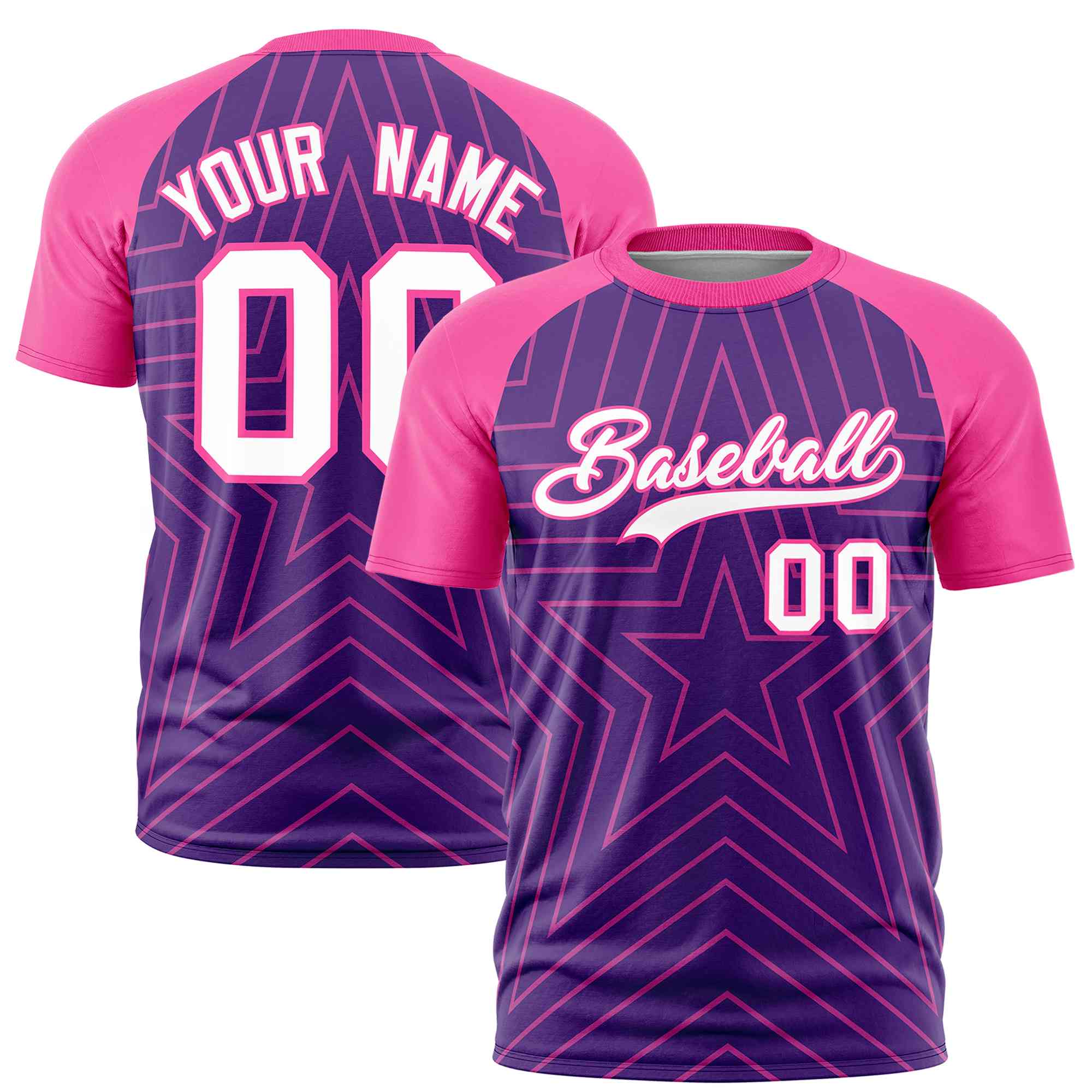 Custom Purple Pink Personalized Star Pattern Raglan Sleeves Performance T-Shirt