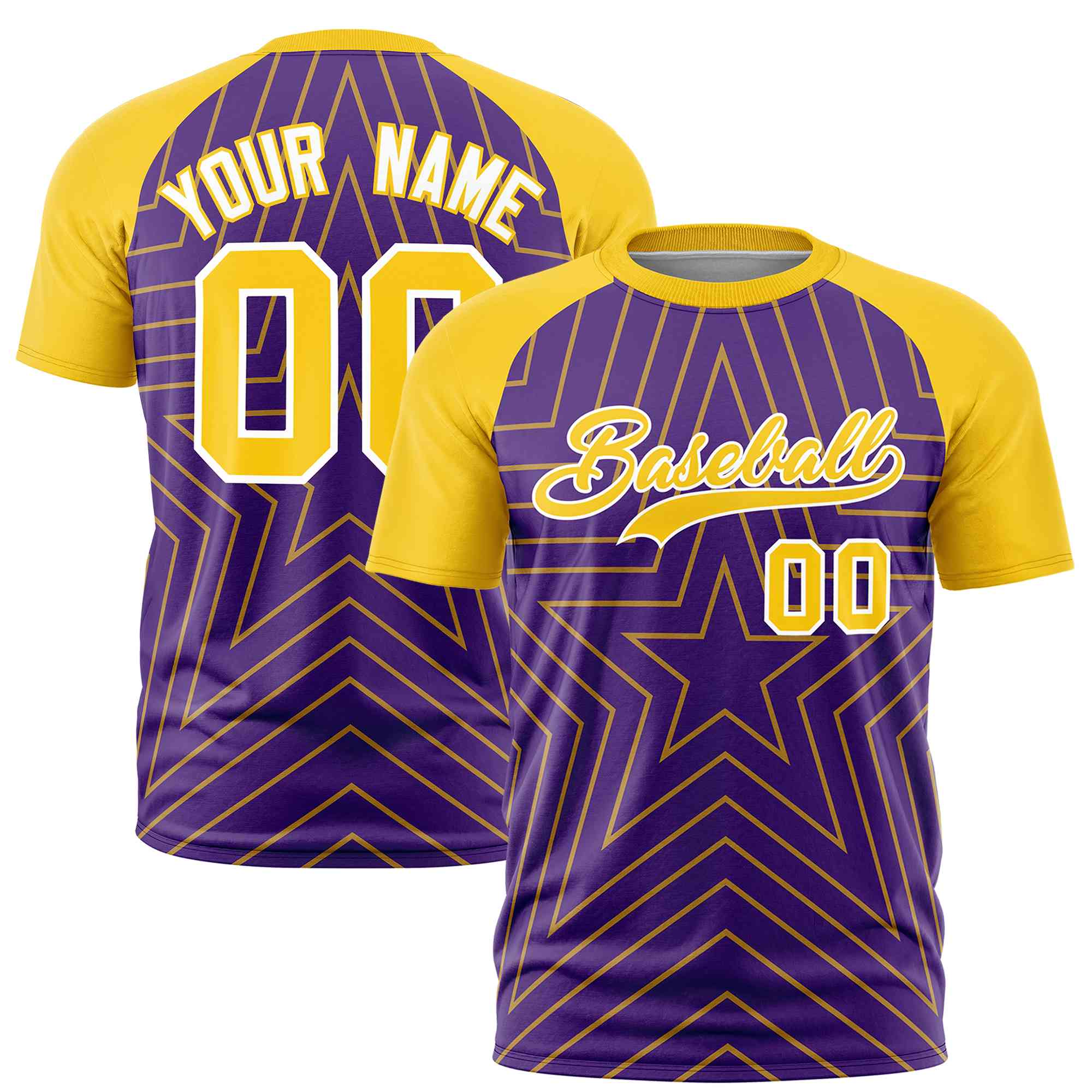 Custom Purple Gold Personalized Star Pattern Raglan Sleeves Performance T-Shirt