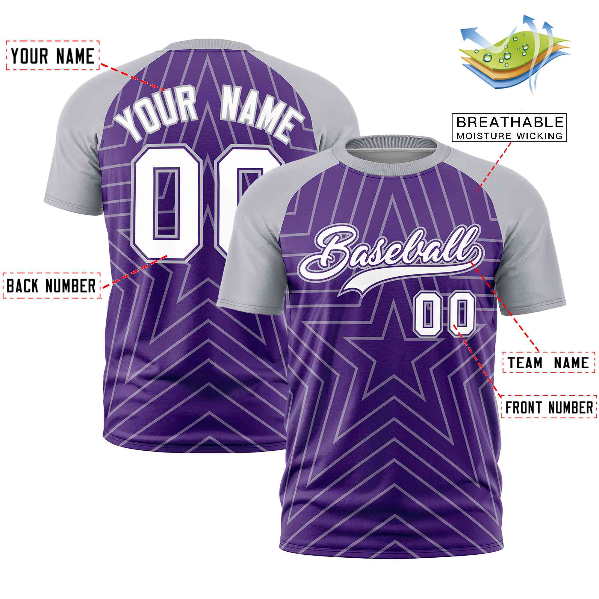 Custom Purple Gray Personalized Star Pattern Raglan Sleeves Performance T-Shirt