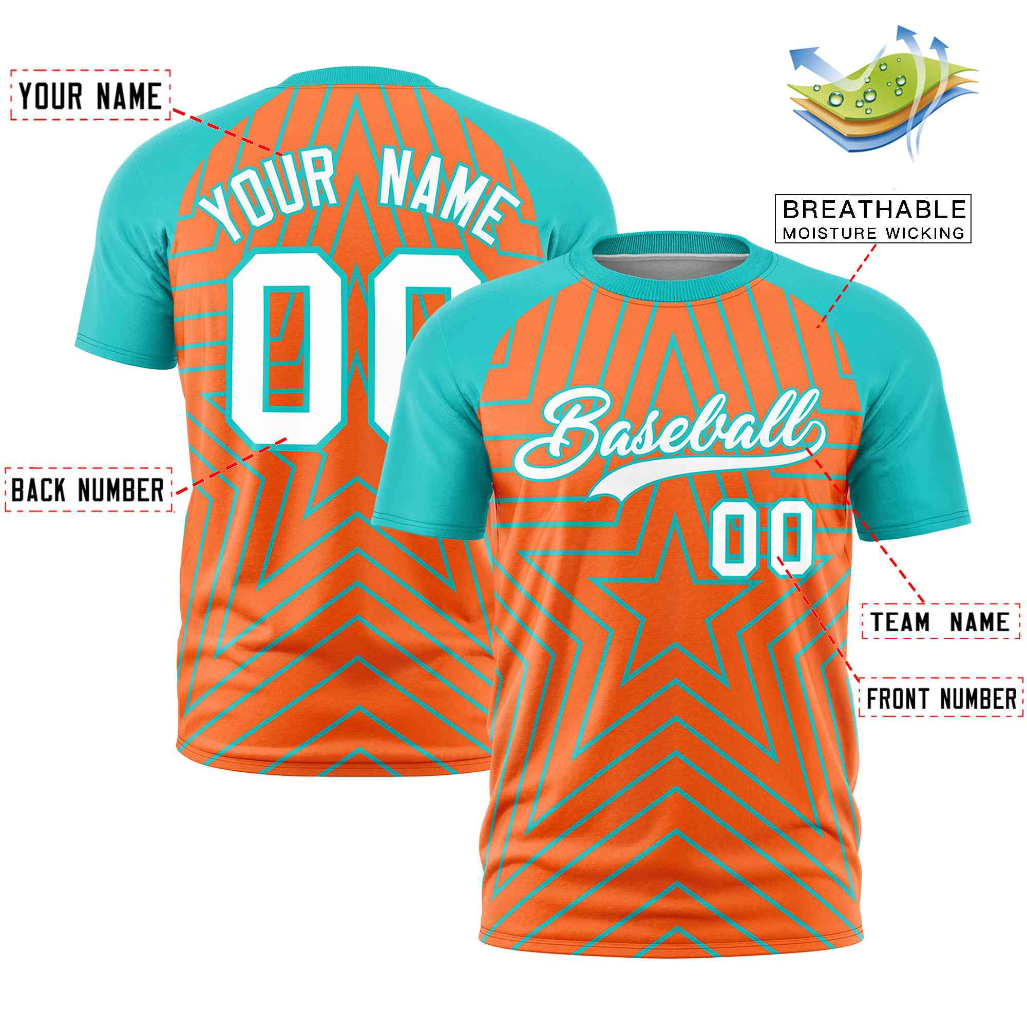 Custom Orange Aqua Personalized Star Pattern Raglan Sleeves Performance T-Shirt