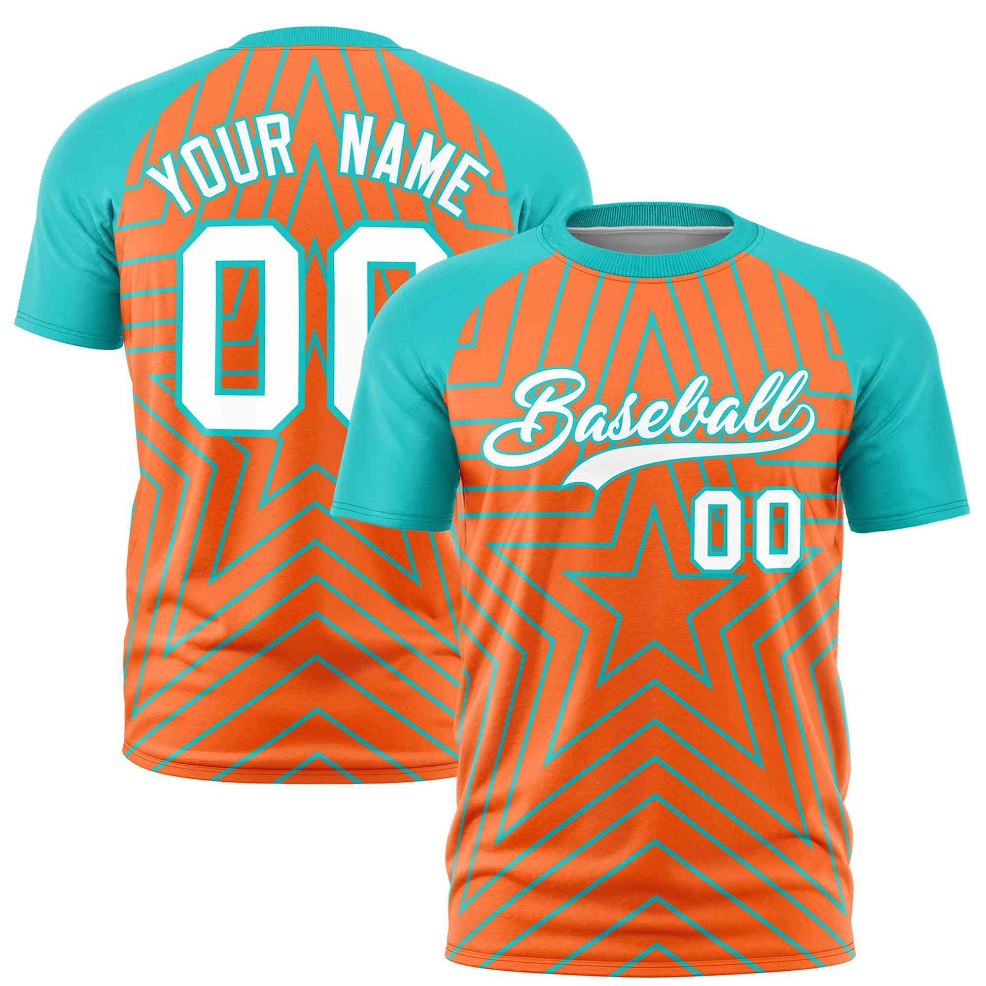 Custom Orange Aqua Personalized Star Pattern Raglan Sleeves Performance T-Shirt