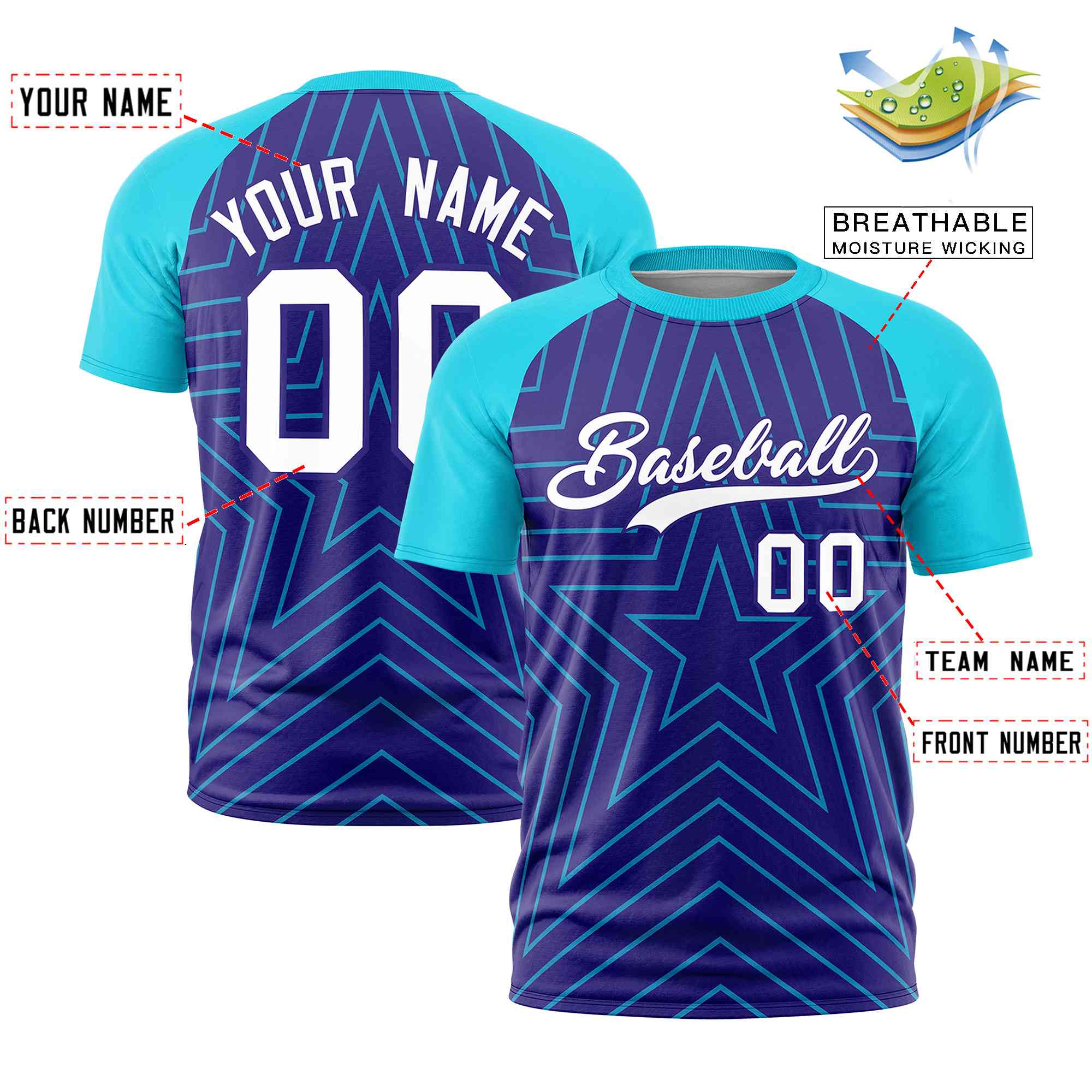 Custom Violet Sky Blue Personalized Star Pattern Raglan Sleeves Performance T-Shirt