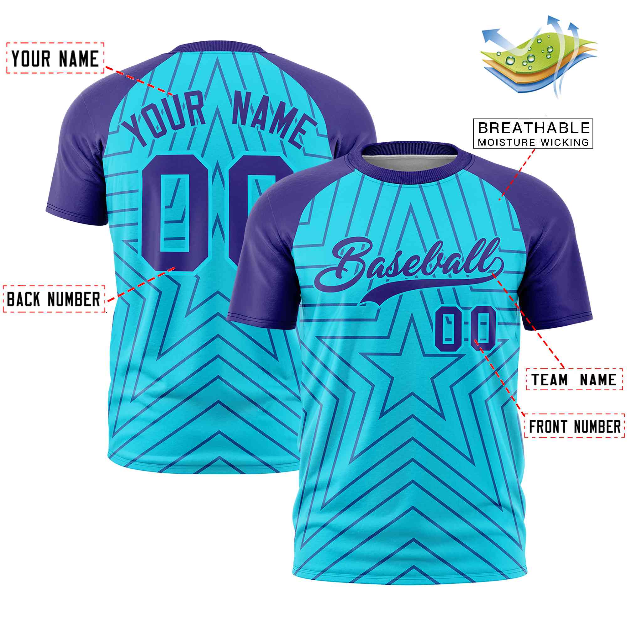 Custom Sky Blue Violet Personalized Star Pattern Raglan Sleeves Performance T-Shirt