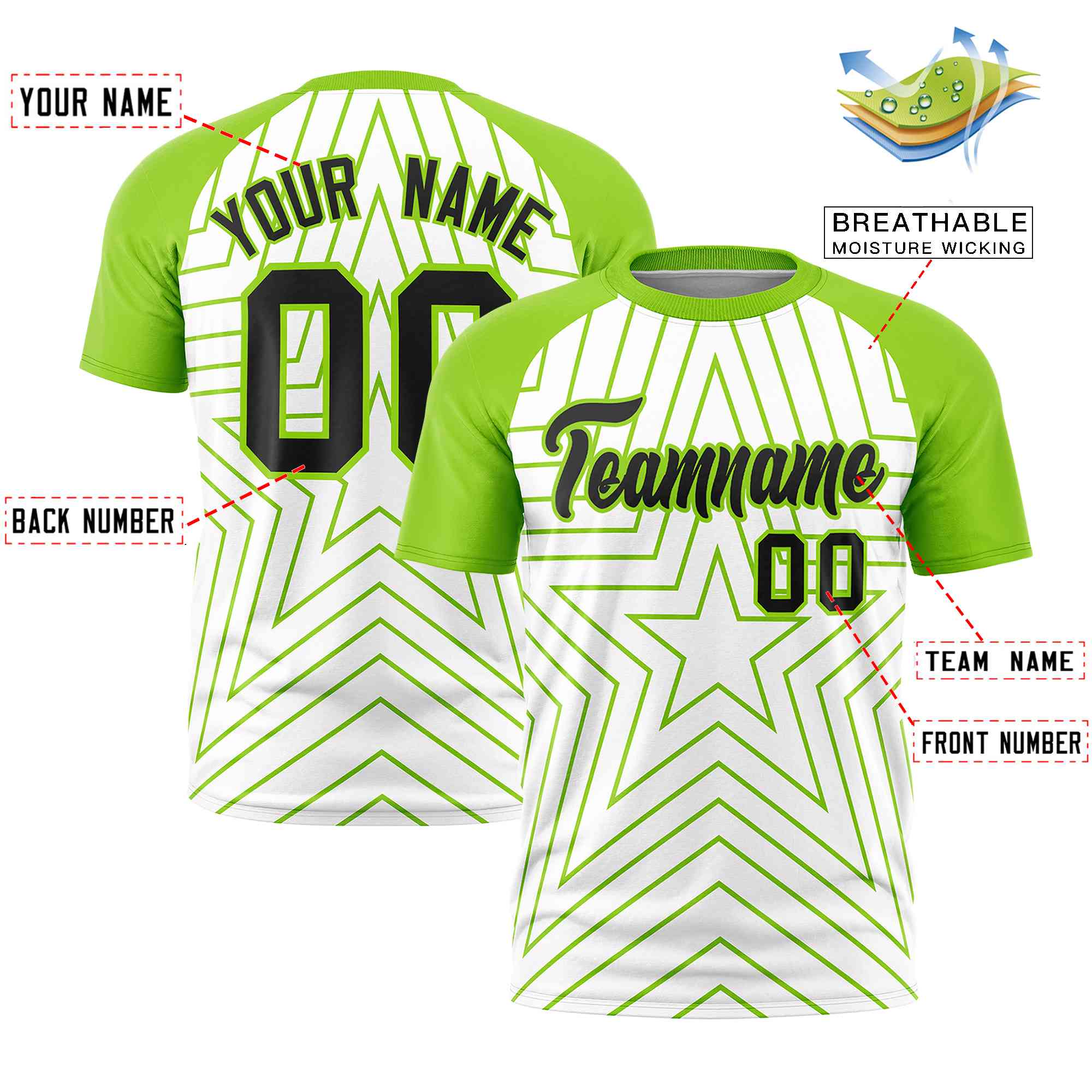 Custom White Neon Green Personalized Star Pattern Raglan Sleeves Performance T-Shirt