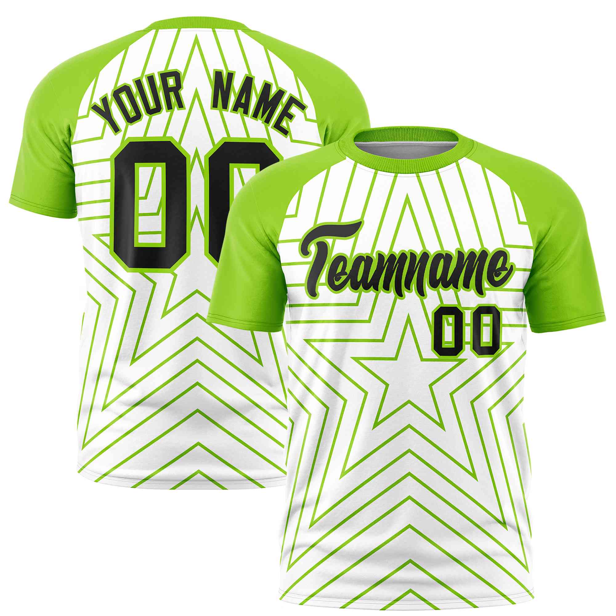 Custom White Neon Green Personalized Star Pattern Raglan Sleeves Performance T-Shirt