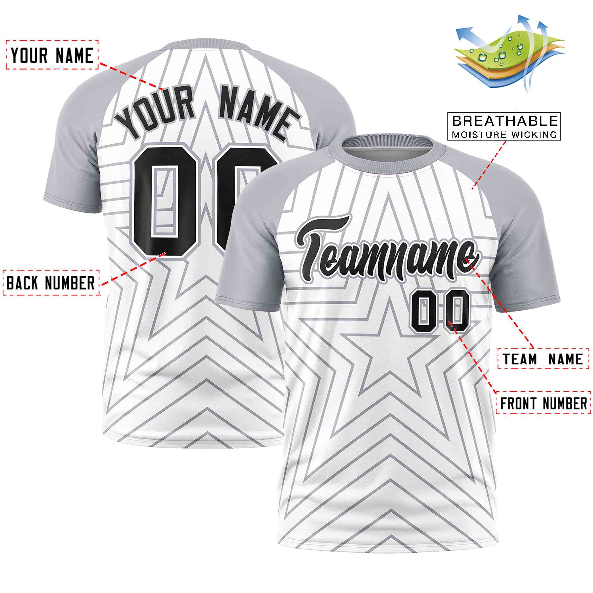 Custom White Gray Personalized Star Pattern Raglan Sleeves Performance T-Shirt