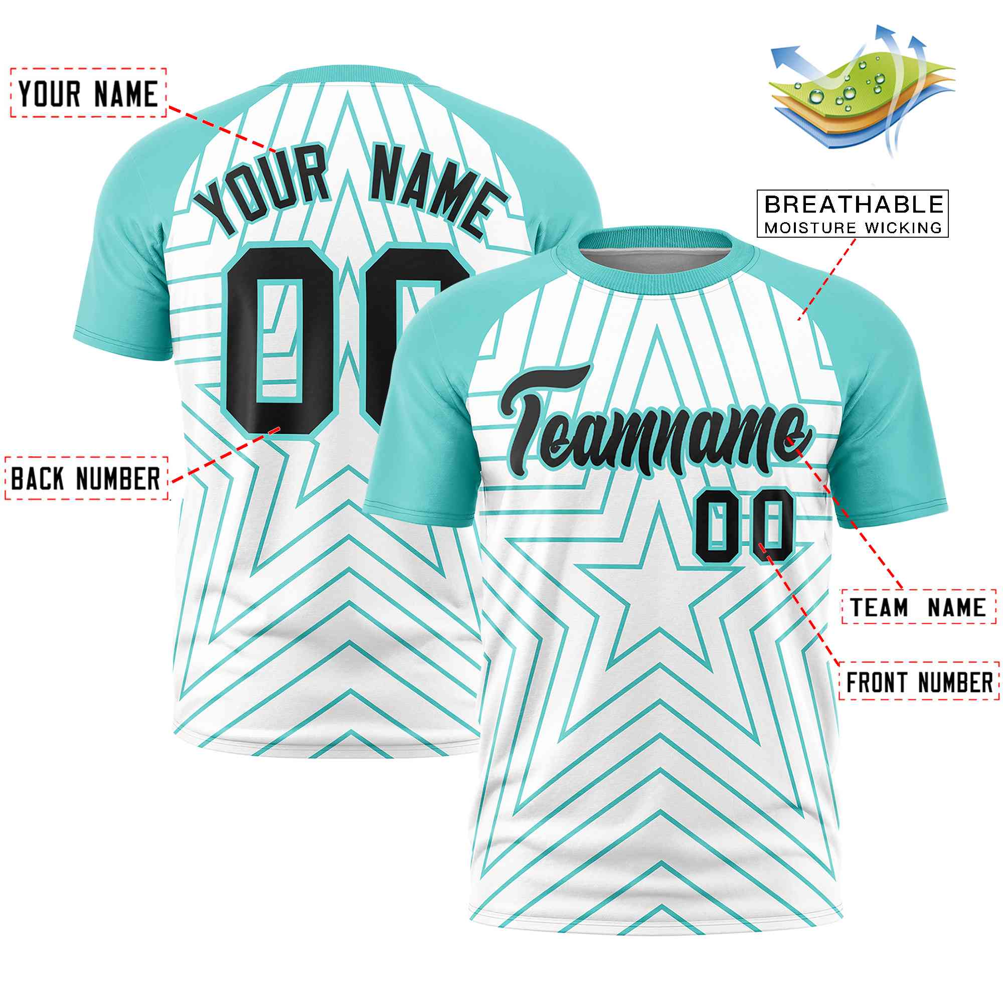 Custom White Aqua Personalized Star Pattern Raglan Sleeves Performance T-Shirt