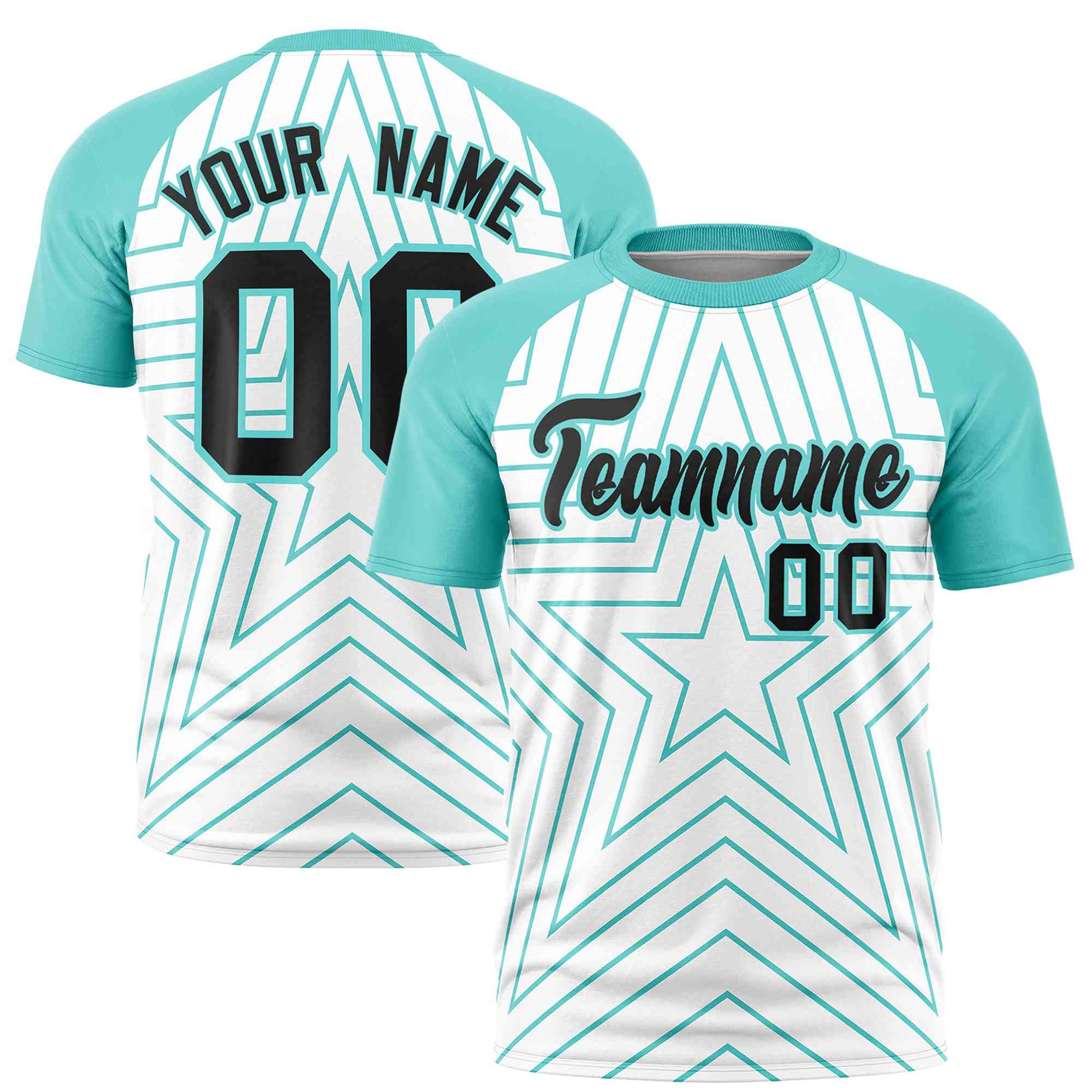 Custom White Aqua Personalized Star Pattern Raglan Sleeves Performance T-Shirt