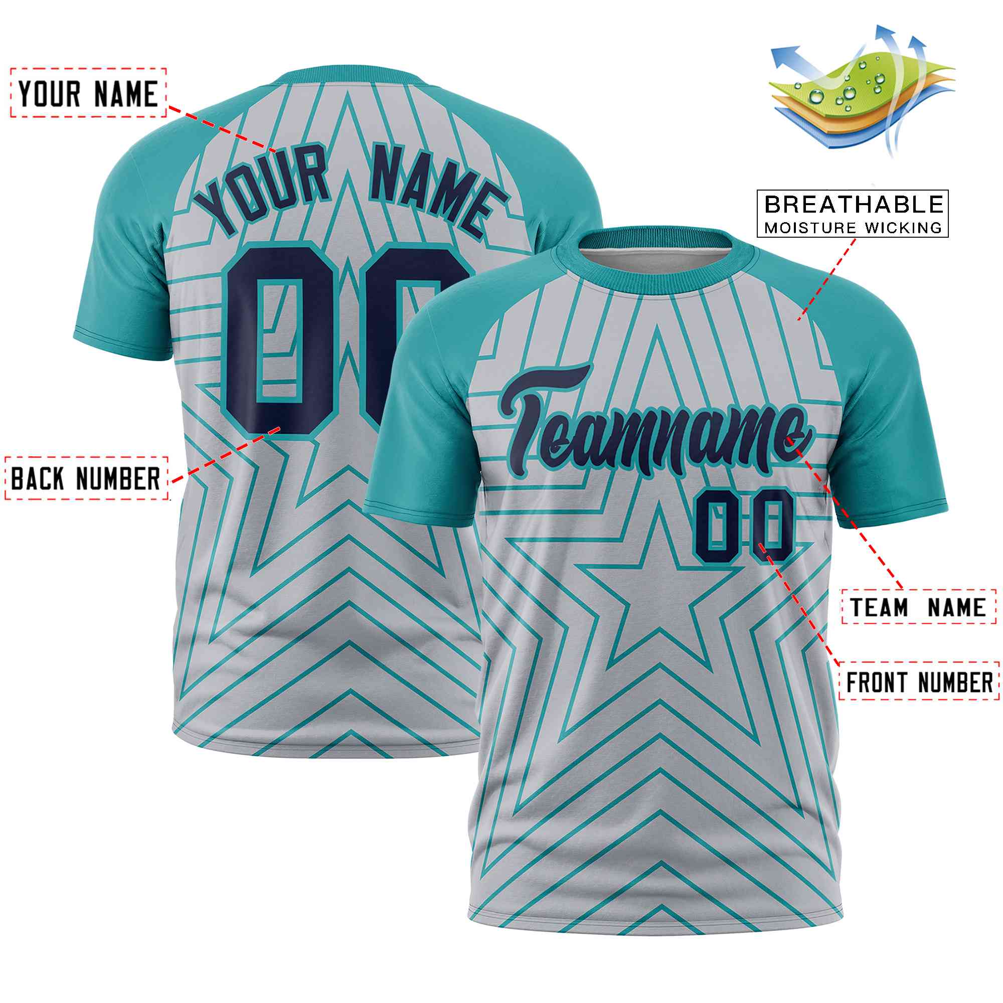 Custom Gray Aqua Personalized Star Pattern Raglan Sleeves Performance T-Shirt