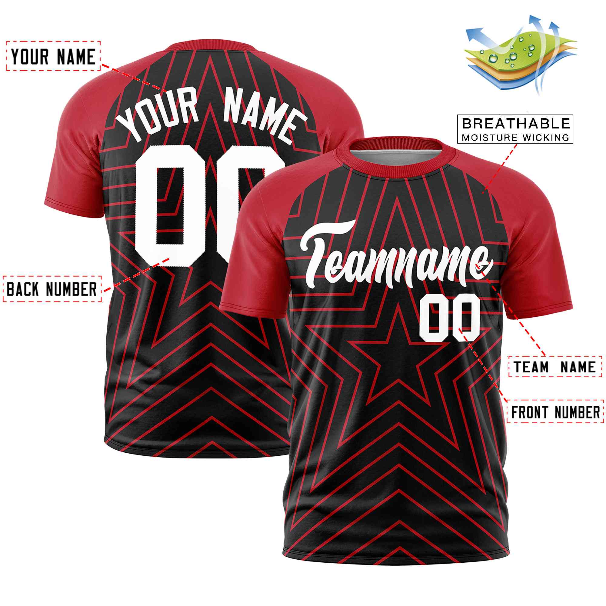 Custom Black Red Personalized Star Pattern Raglan Sleeves Performance T-Shirt