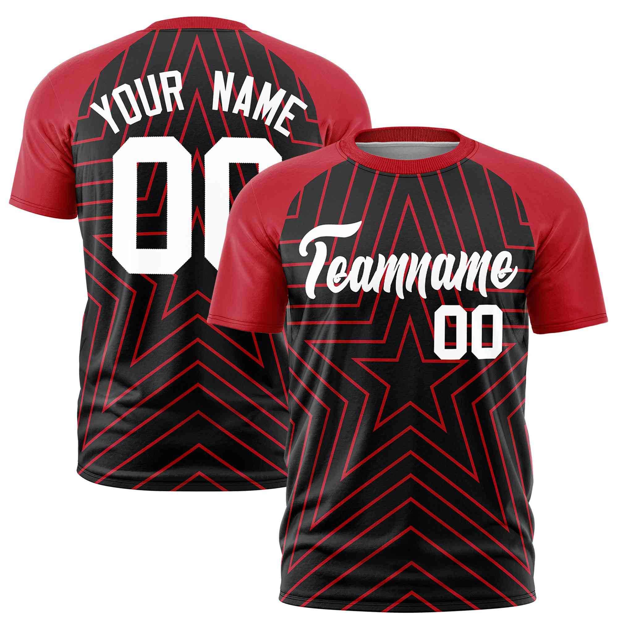 Custom Black Red Personalized Star Pattern Raglan Sleeves Performance T-Shirt