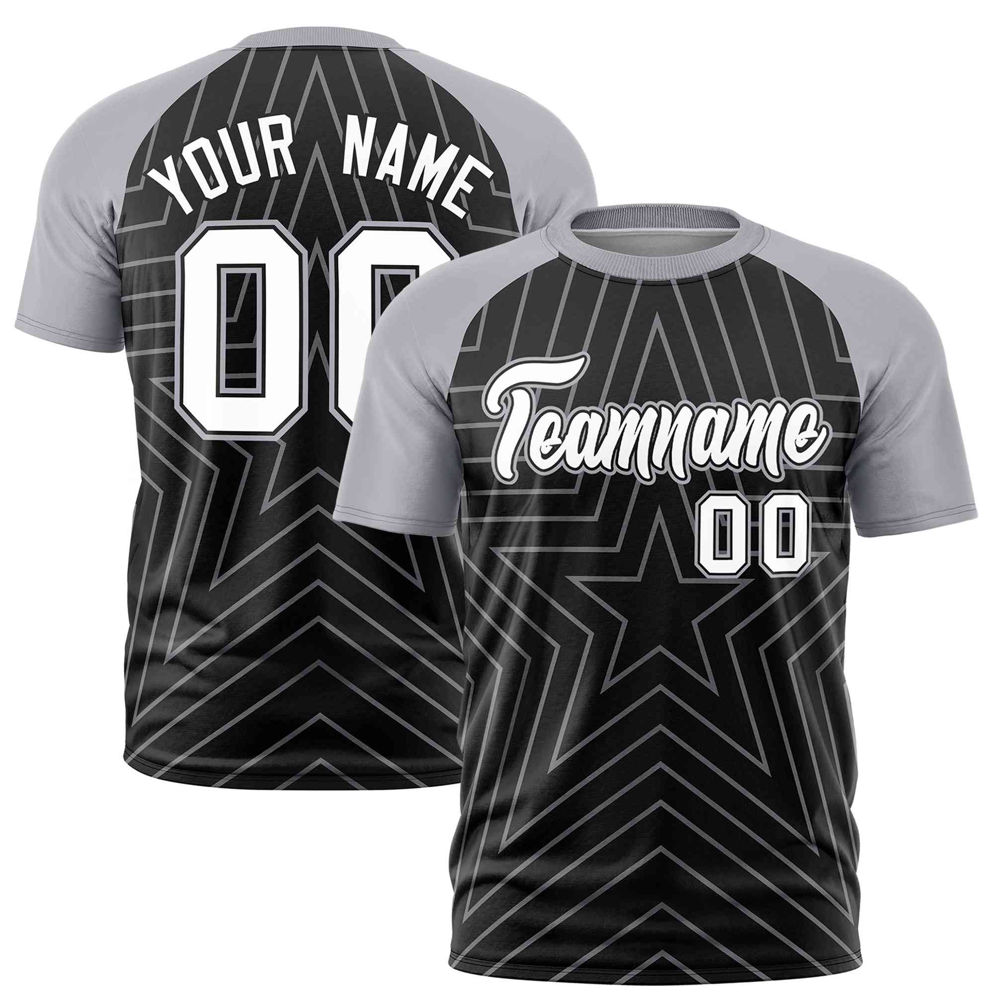 Custom Black Gray Personalized Star Pattern Raglan Sleeves Performance T-Shirt