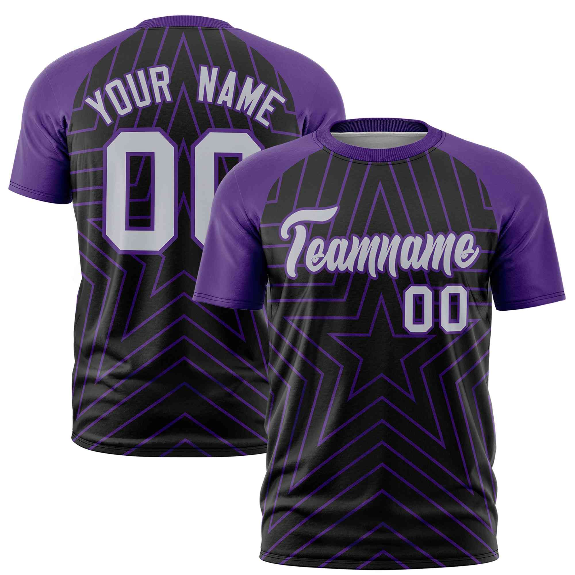 Custom Black Purple Personalized Star Pattern Raglan Sleeves Performance T-Shirt